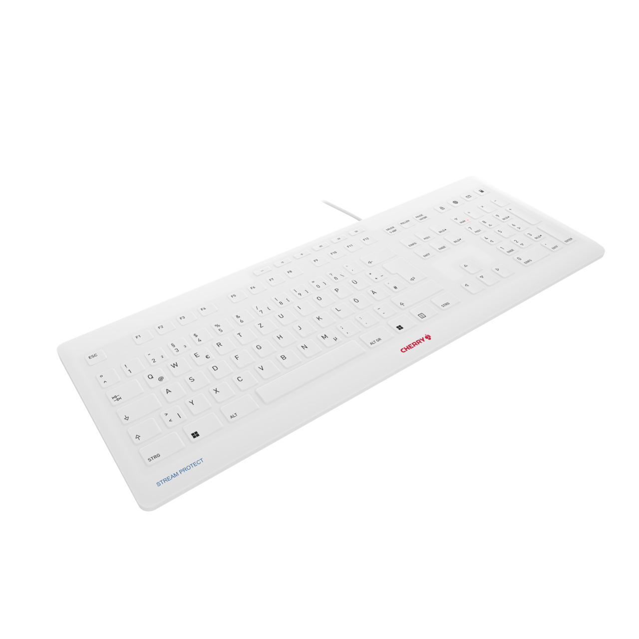 Una tastiera bianca dal design morbido e flessibile, che mostra il marchio Cherry.