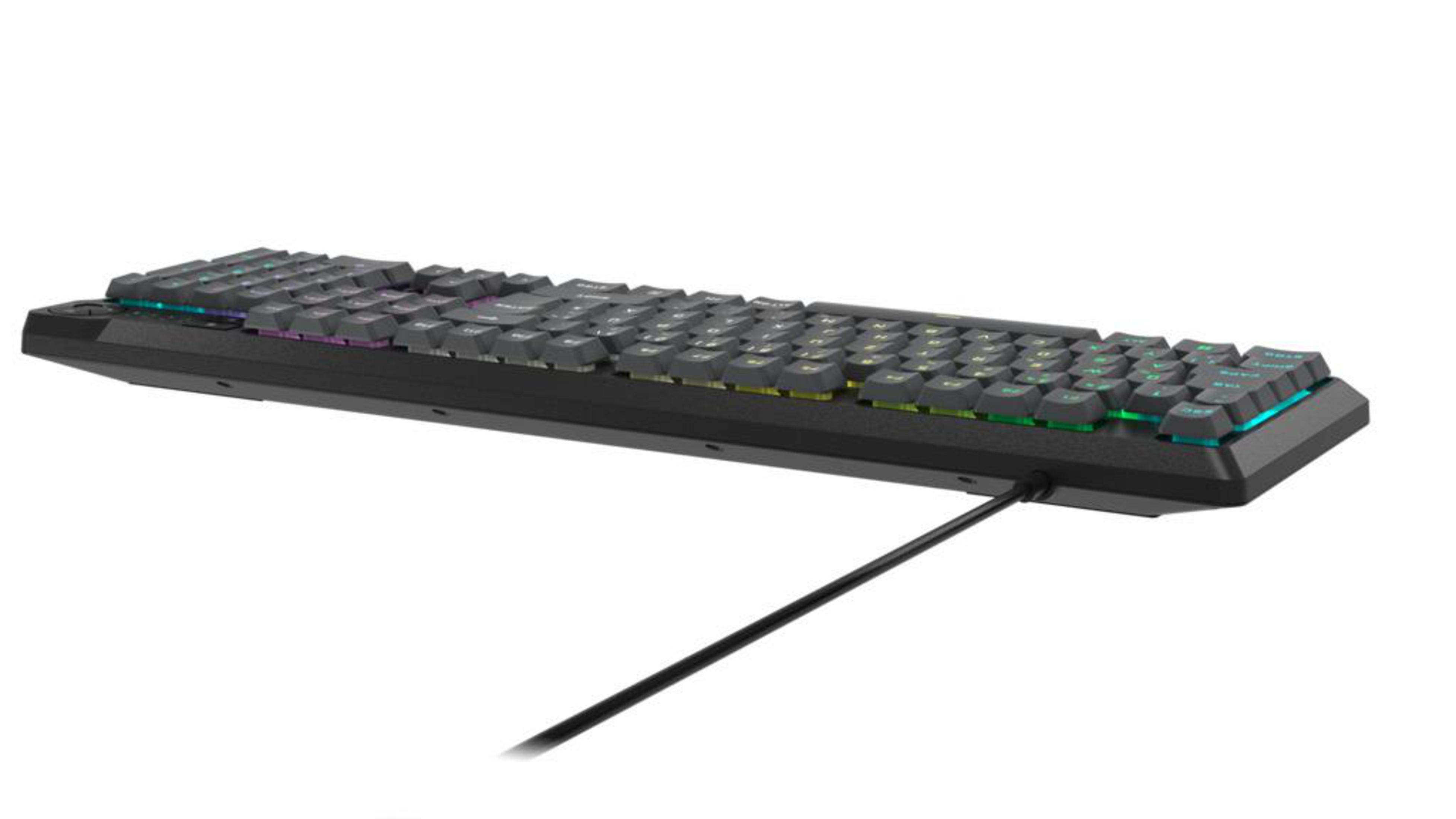 Schwarze Gaming-Tastatur, schräge Ansicht, RGB-Lichter, Kabelanschluss.