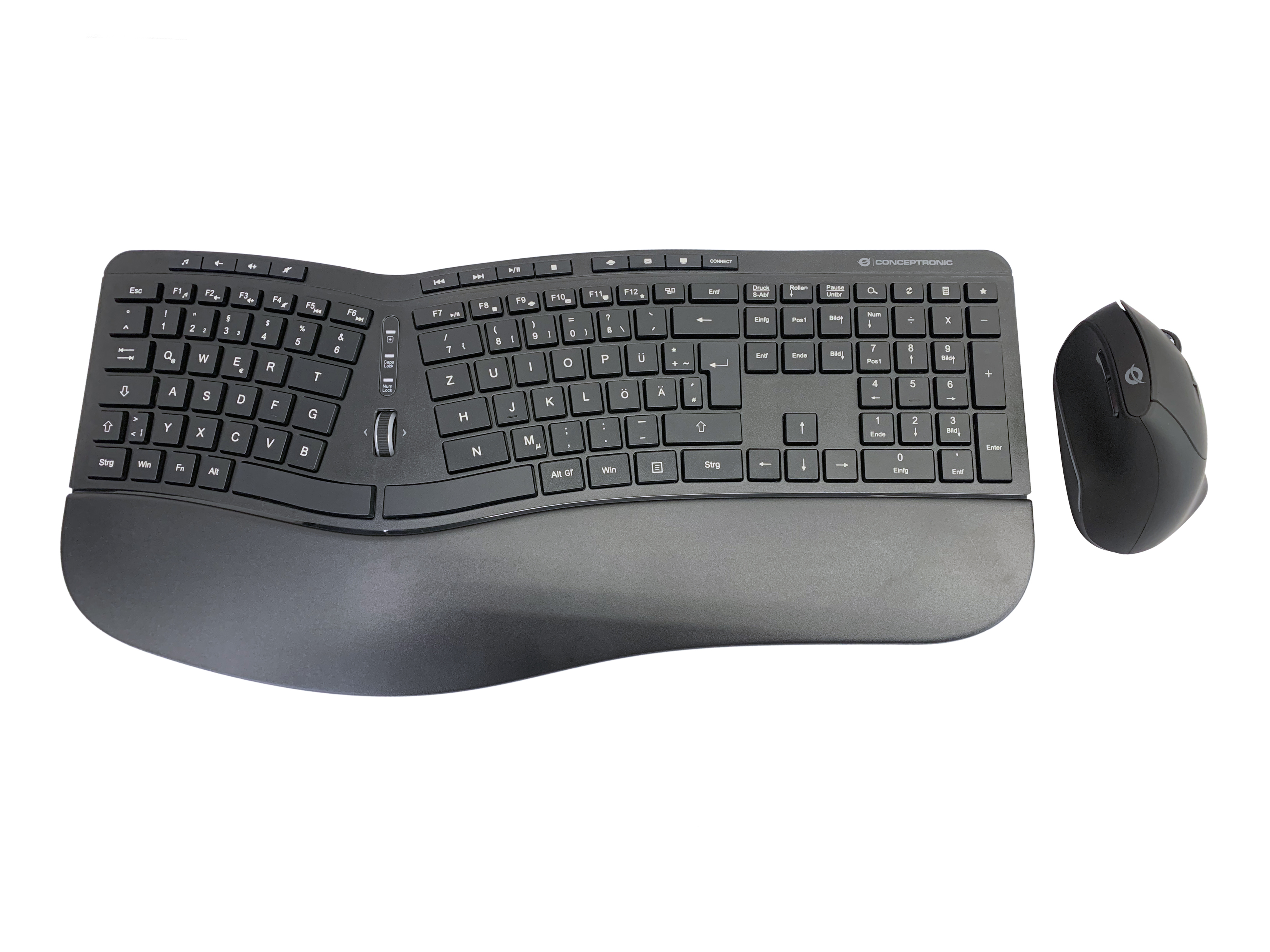 Ergonomisches schwarzes Tastatur- und Maus-Set auf weißem Hintergrund. Die Tastatur hat ein gebogenes Design.