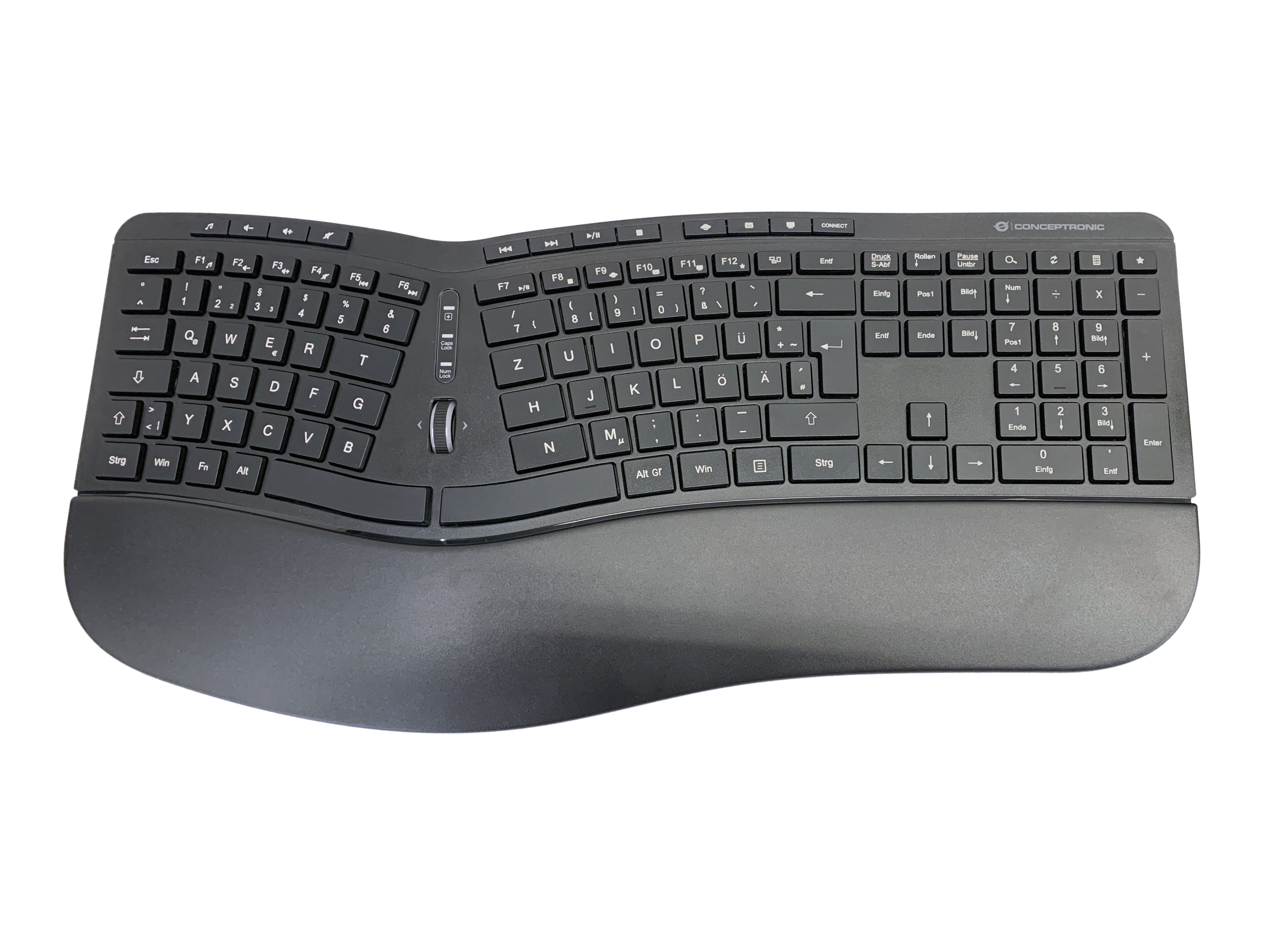 Schwarze ergonomische Tastatur mit Handballenauflage. Die Tastatur ist gebogen.