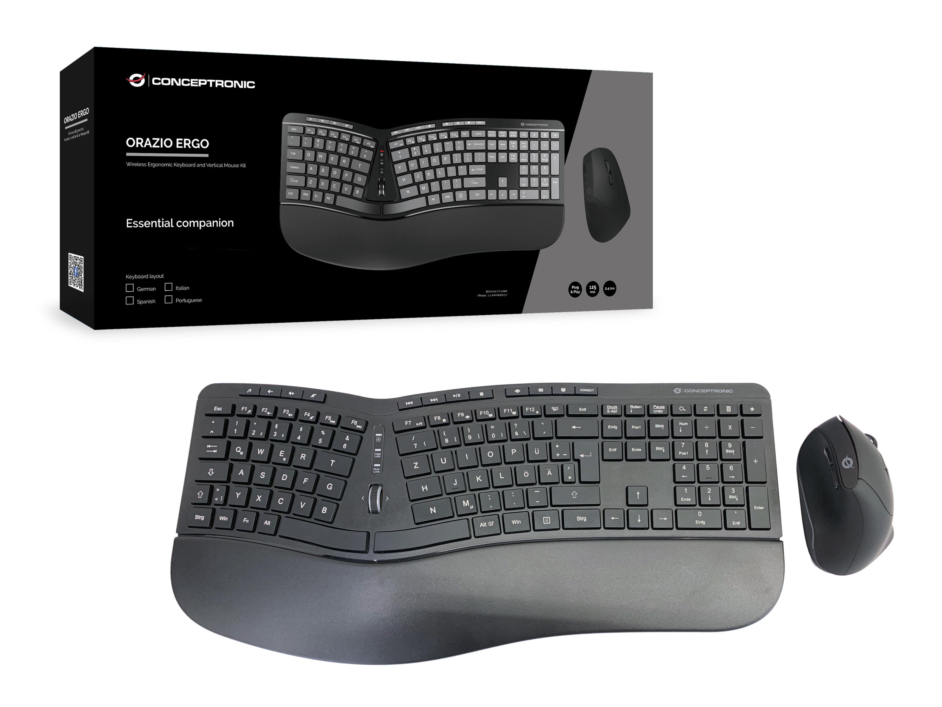 Ergonomisches, schwarzes Tastatur- und Maus-Set in einer Box. Die Tastatur ist gebogen mit Handballenauflage.