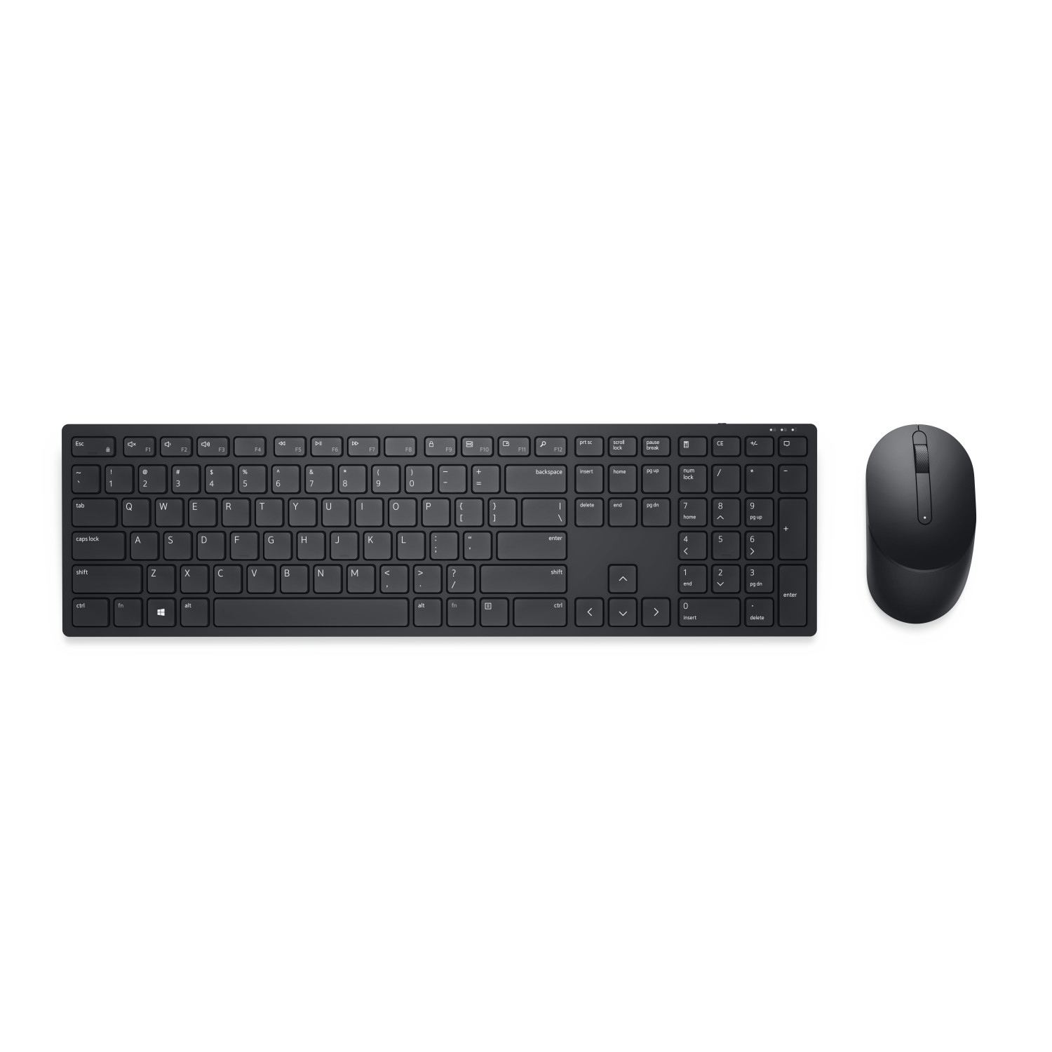 Combo tastiera e mouse neri su una superficie bianca. La tastiera ha un layout completo, il mouse è a destra.
