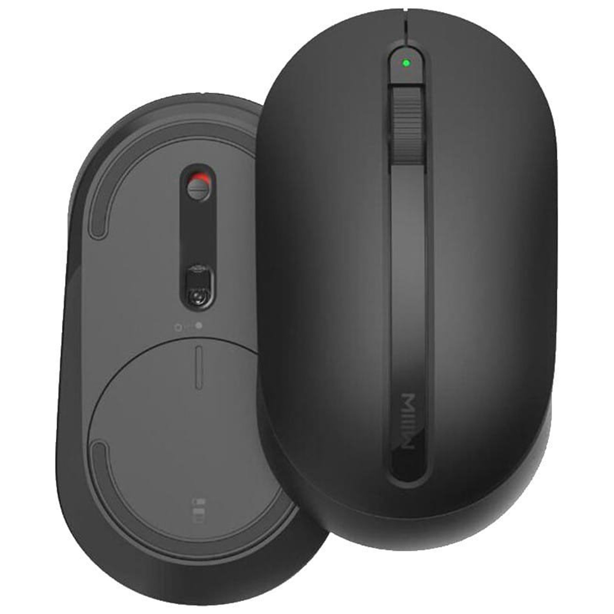 Due mouse per computer neri; uno mostra la parte superiore, l'altro la parte inferiore.