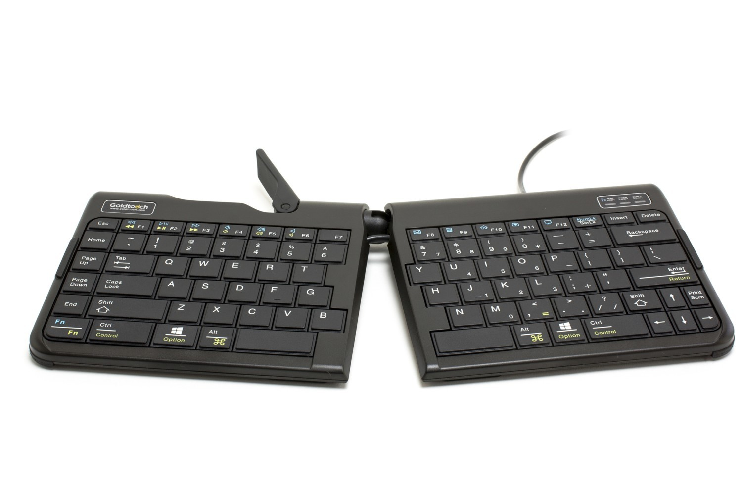 Teclado negro dividido con ángulo ajustable, conectado por cable. Fondo blanco.