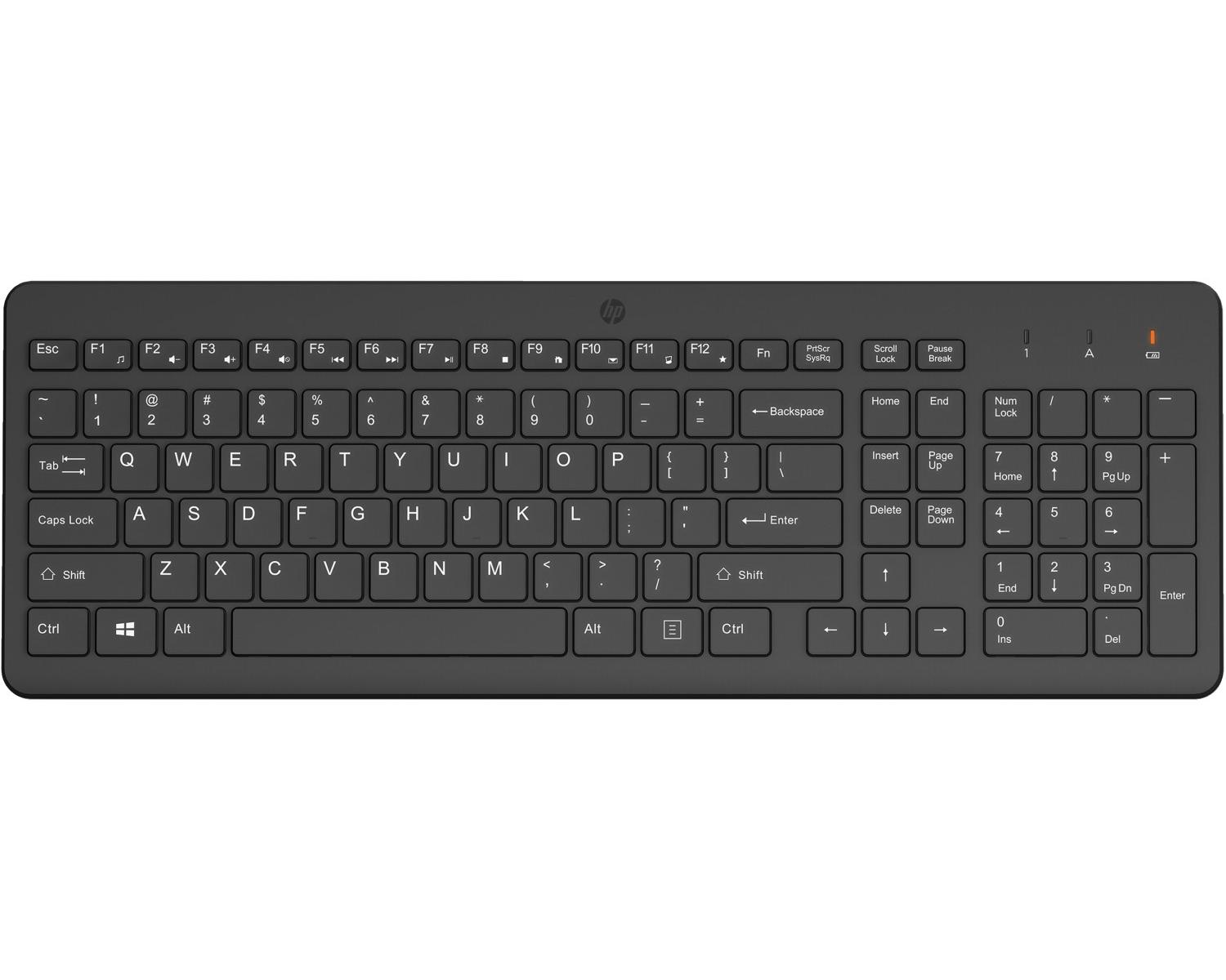 Tastiera HP nera, vista completa, sfondo bianco, tutti i tasti visibili.