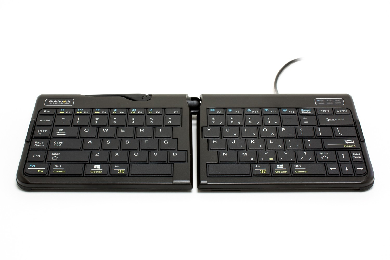 Teclado negro plegable, abierto, sobre fondo blanco, vista superior.