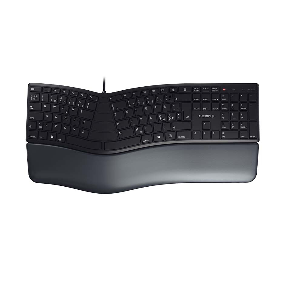 Teclado ergonómico negro con reposamuñecas. Fondo blanco. El teclado es curvo.