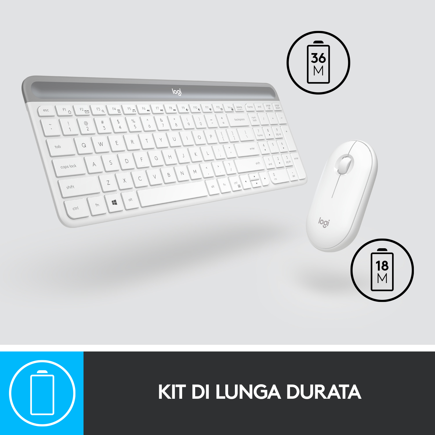 Weißes Tastatur- und Maus-Set, Batterie-Symbole, Text: Kit di lunga durata.