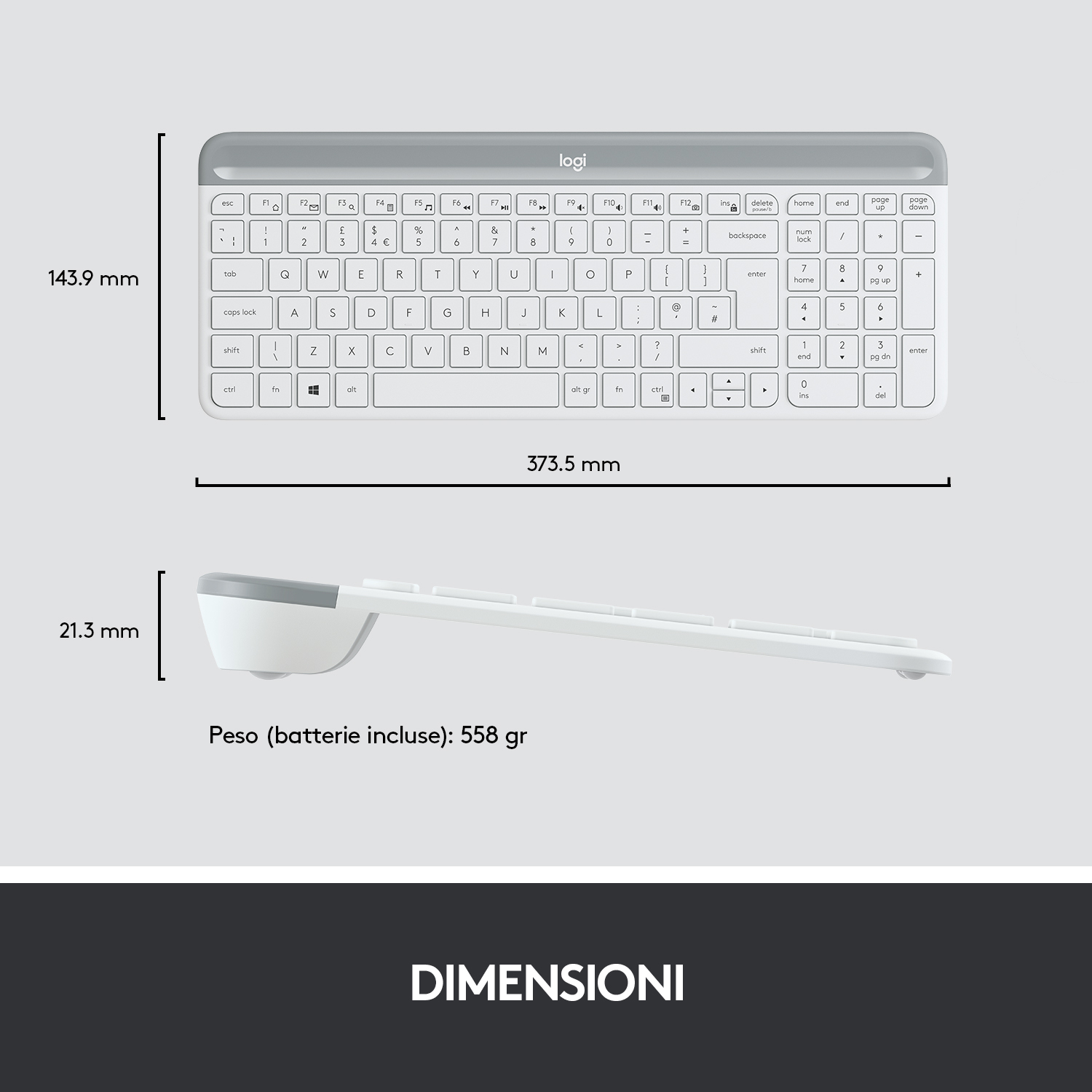 Graue Logitech-Tastatur mit Abmessungen und Gewichtsangaben. Weißer Hintergrund. Text auf Italienisch.