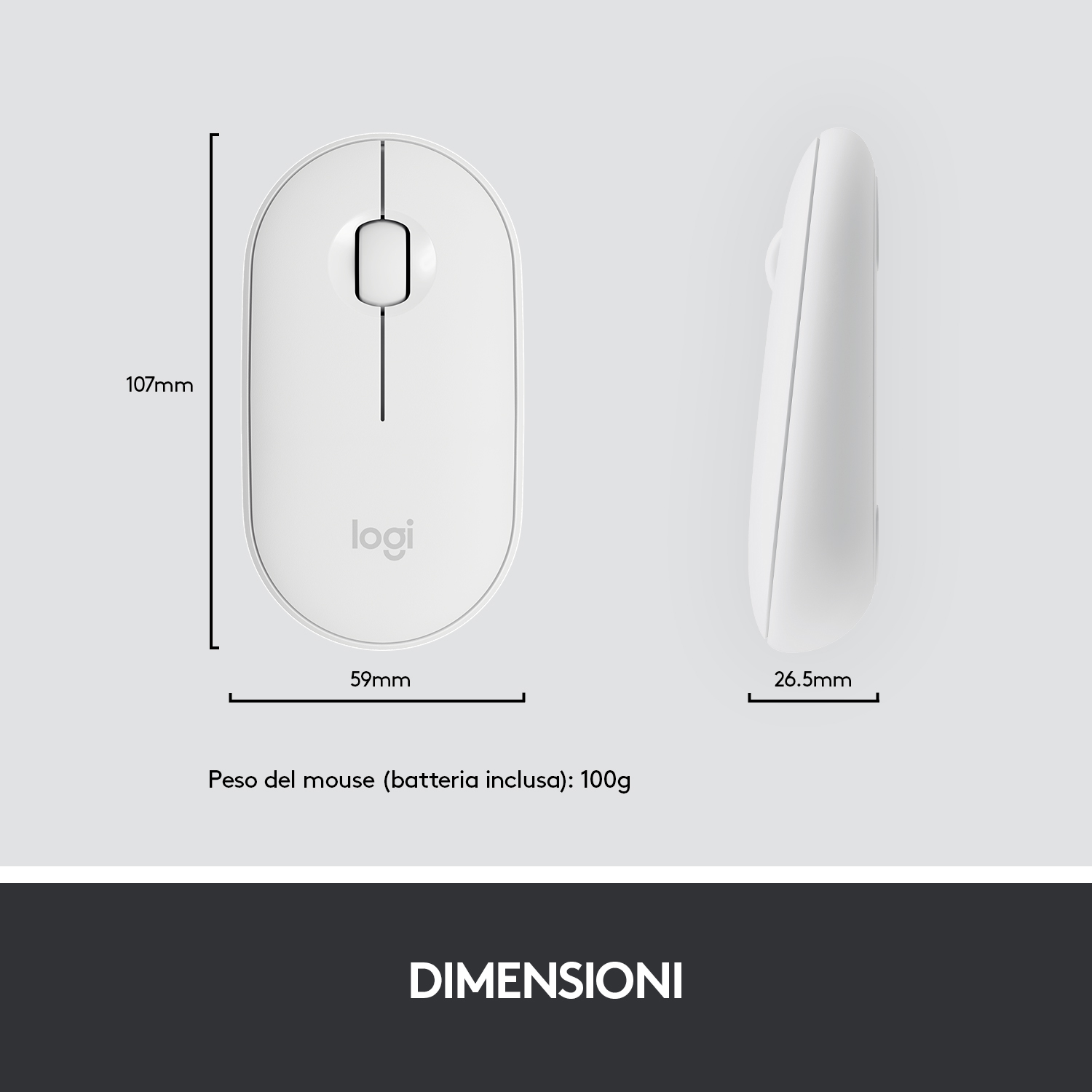 Weiße Maus mit Seitenansicht und Abmessungen. Die Maus hat ein einfaches Design mit einem Scrollrad.
