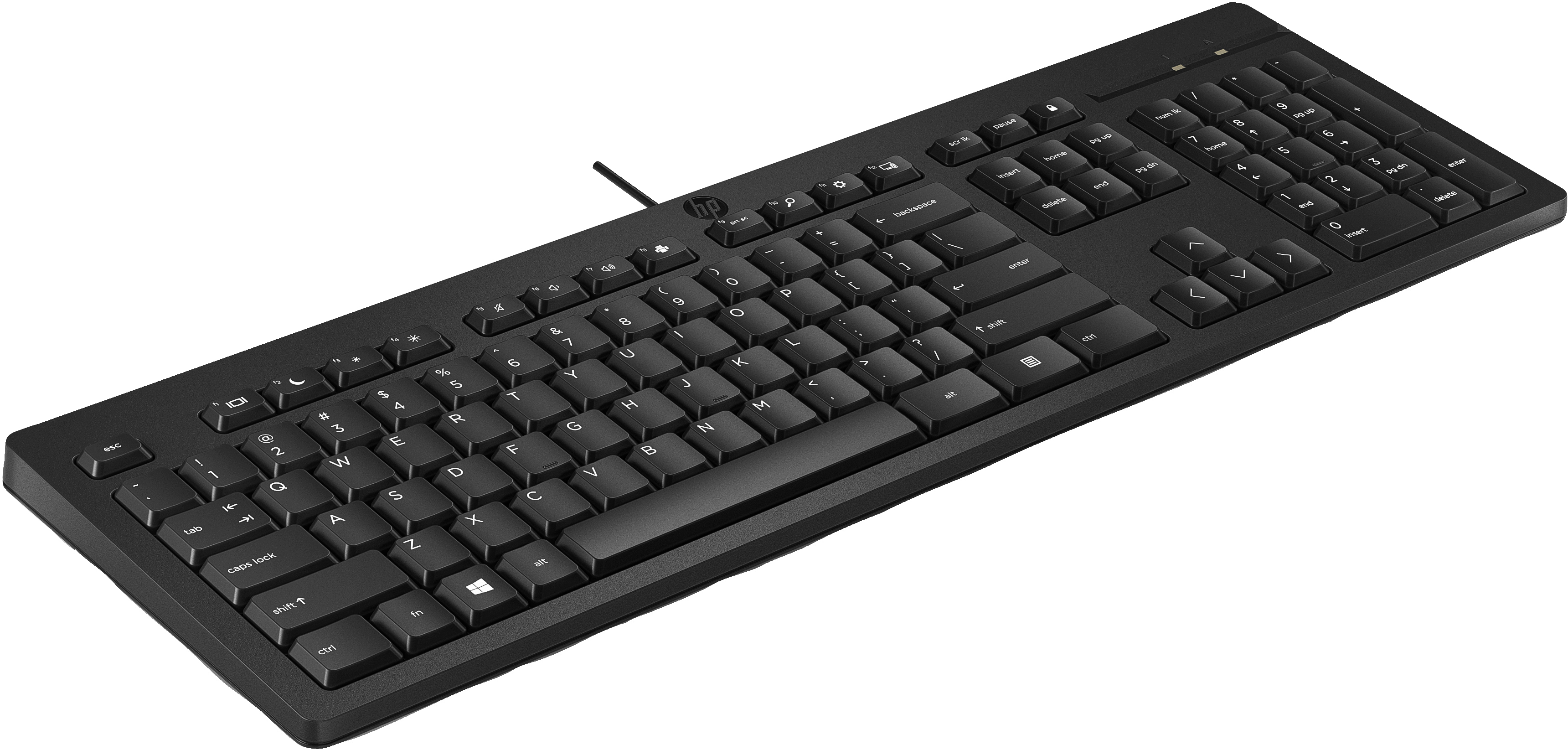 Black HP keyboard with a number pad. It is angled upward.