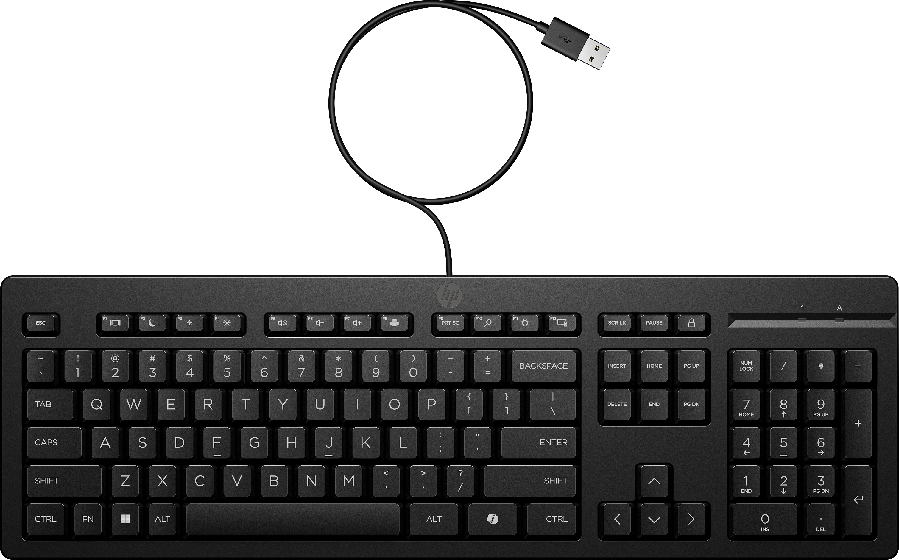 Black HP keyboard with keys and a connected USB cable.