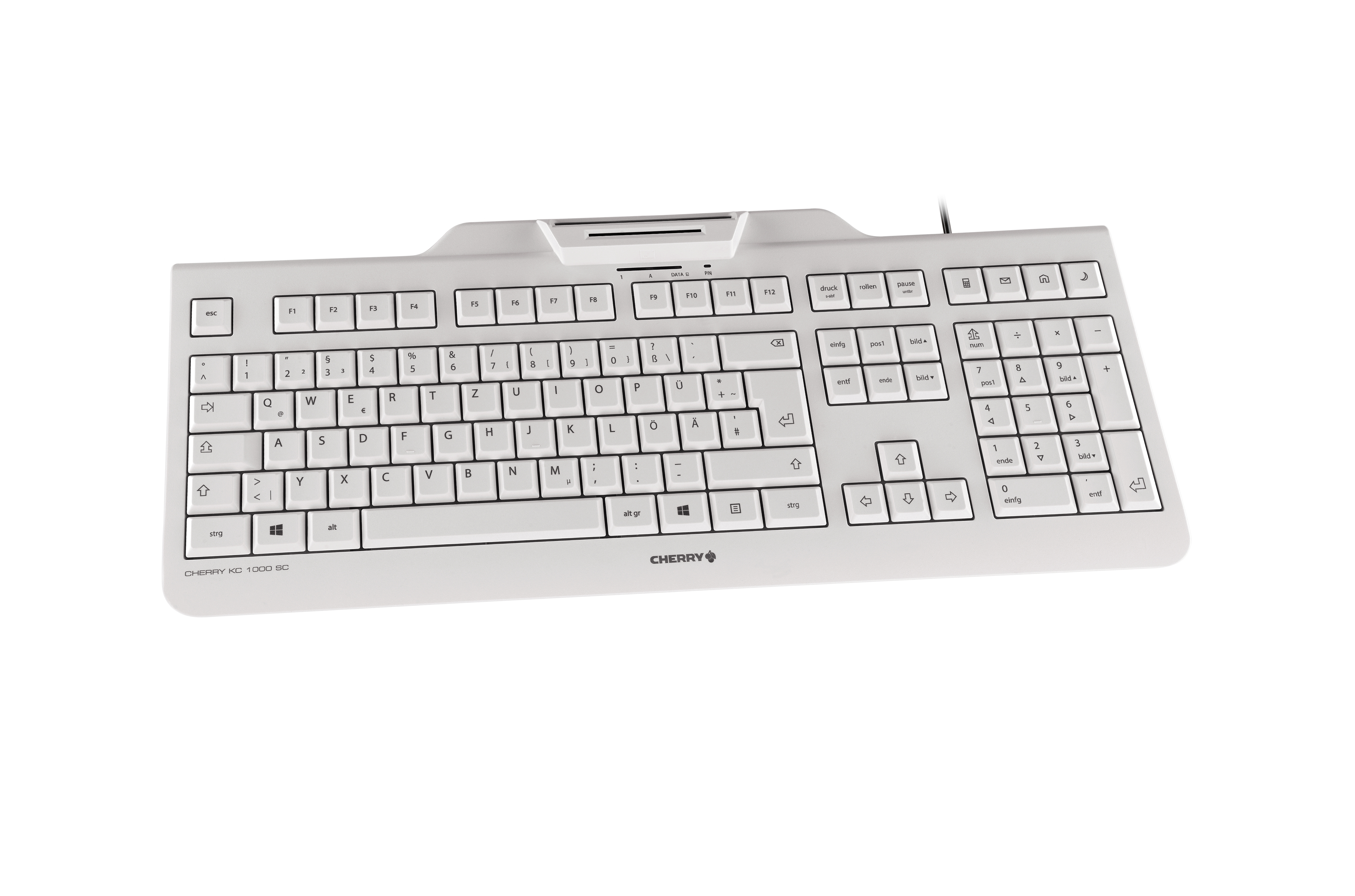 Weiße Tastatur mit schwarzen Tasten. Die Tasten haben weiße Buchstaben. Der Hintergrund ist weiß.