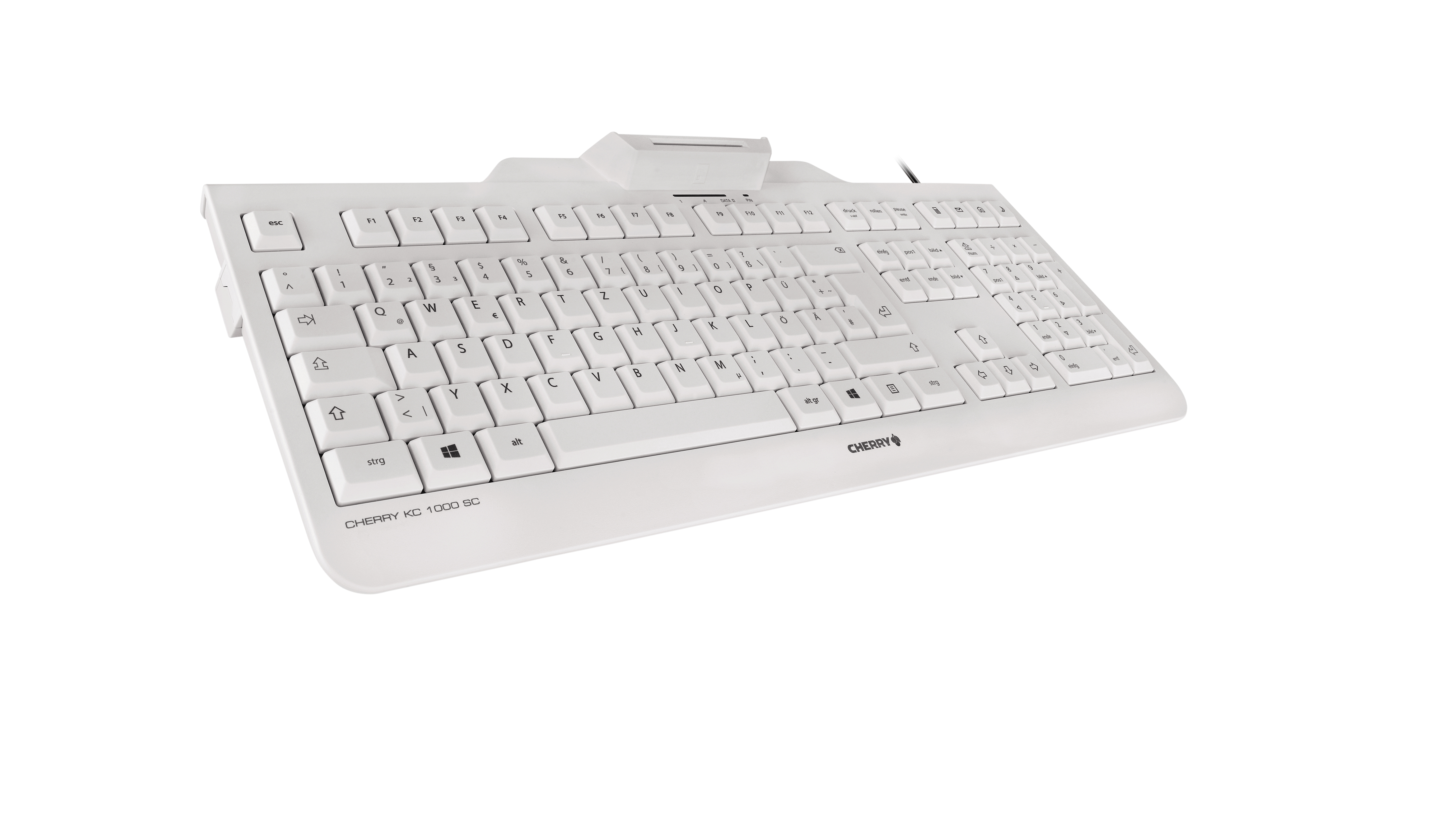Weiße Computertastatur, flaches Design, Tasten sichtbar, Cherry-Etikett.