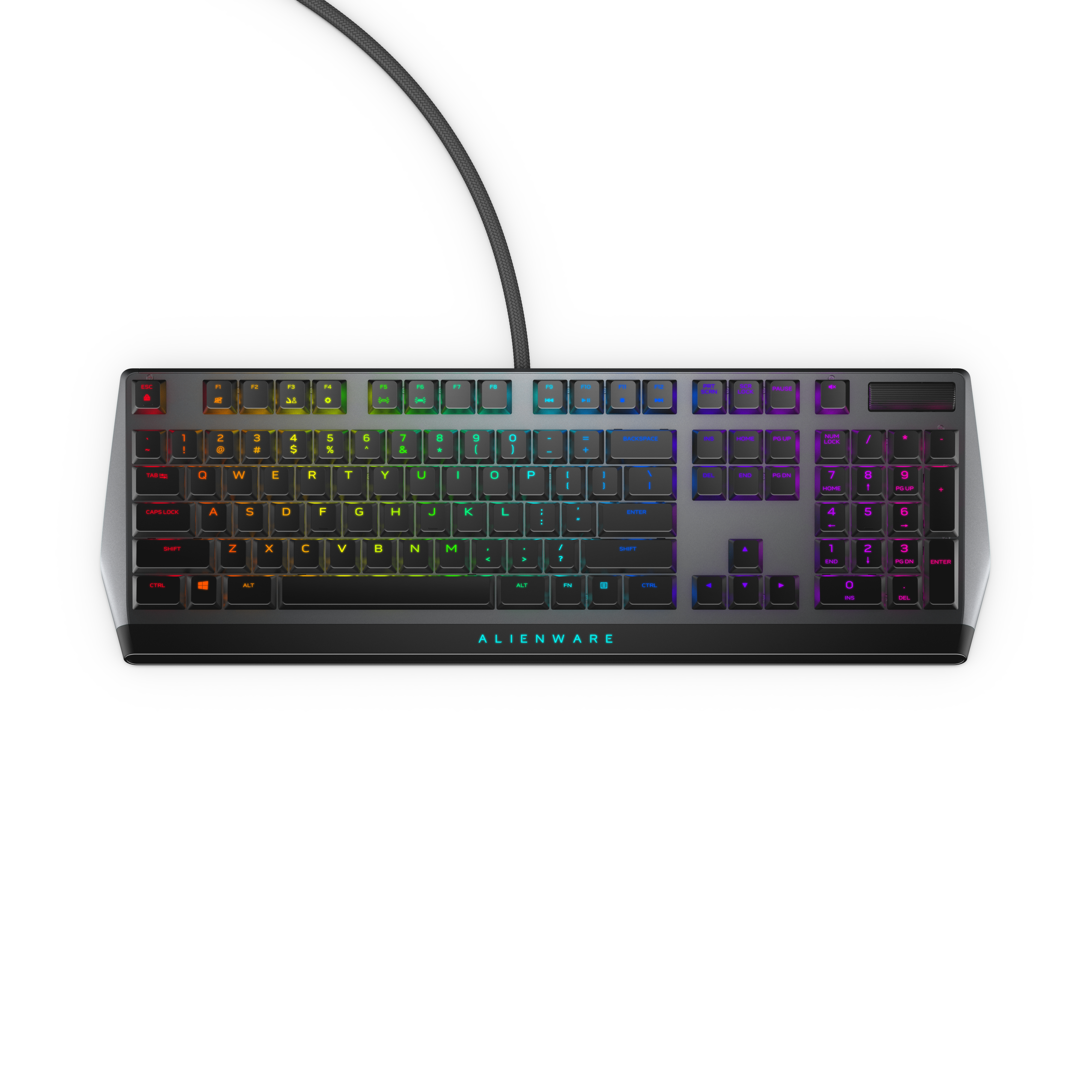 Gökkuşağı arkadan aydınlatmalı tuşlara sahip siyah Alienware klavye. Klavye beyaz bir arka plan üzerinde.
