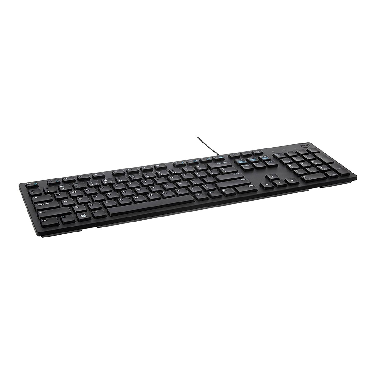 Un teclado negro con cable, sobre un fondo blanco.