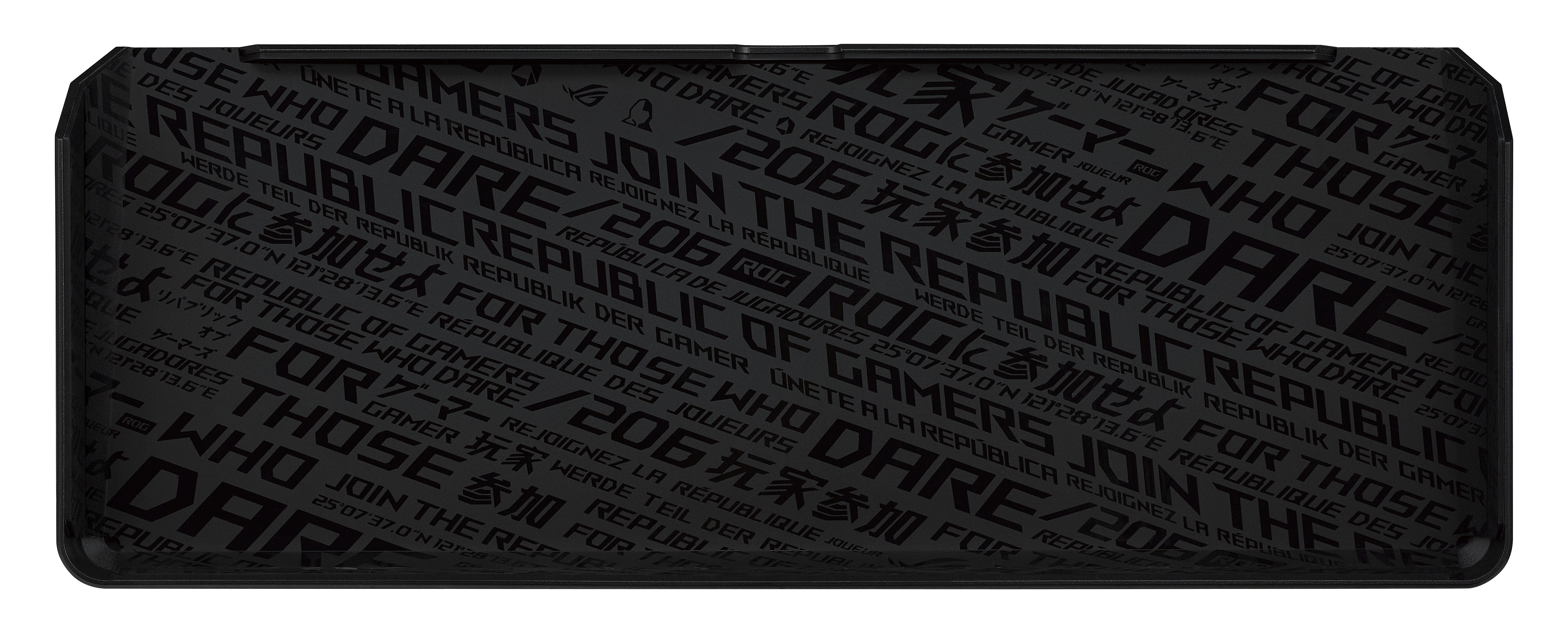 Czarna podkładka pod mysz z tekstem i symbolami ROG. Podkładka jest prostokątna, z czarną powierzchnią i białym tekstem.