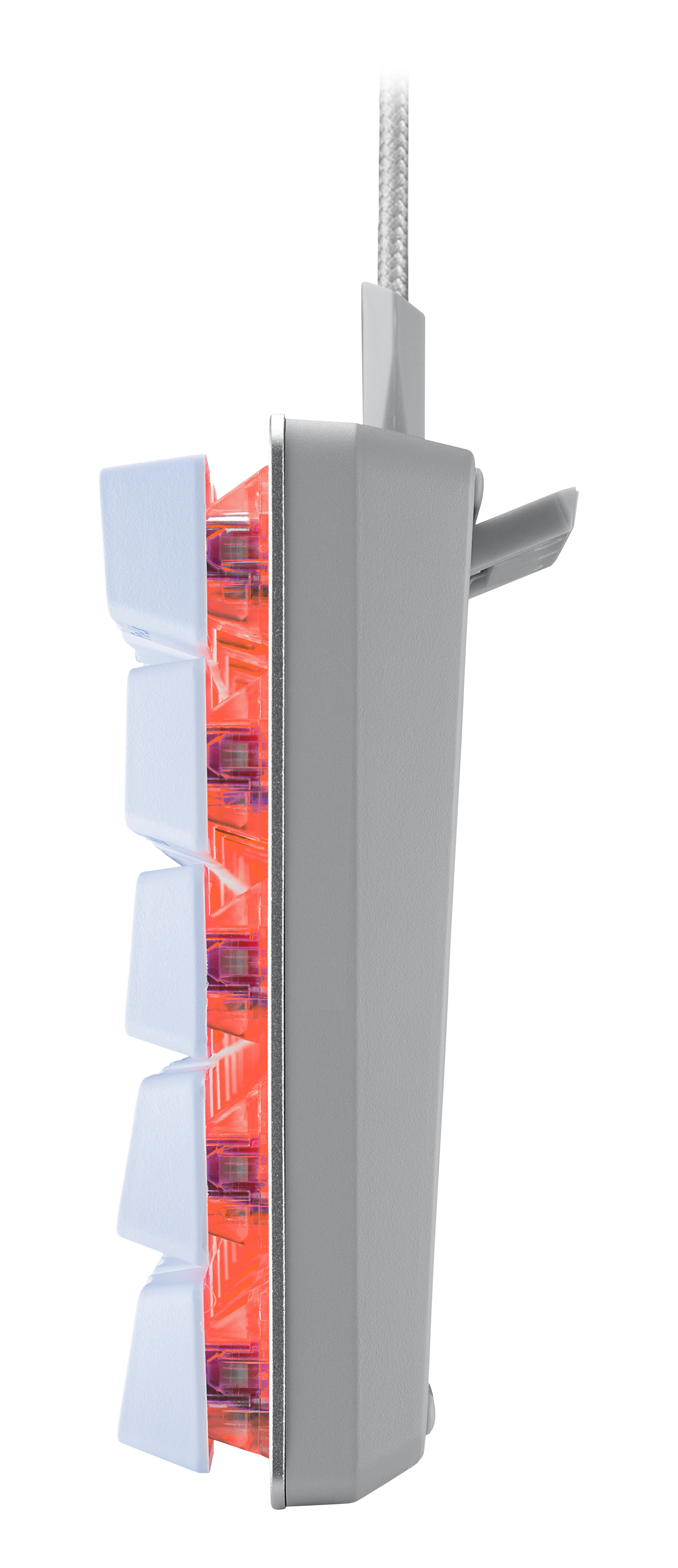 Widok z boku klawiatury z białymi klawiszami i pomarańczowym podświetleniem. Szara ramka.