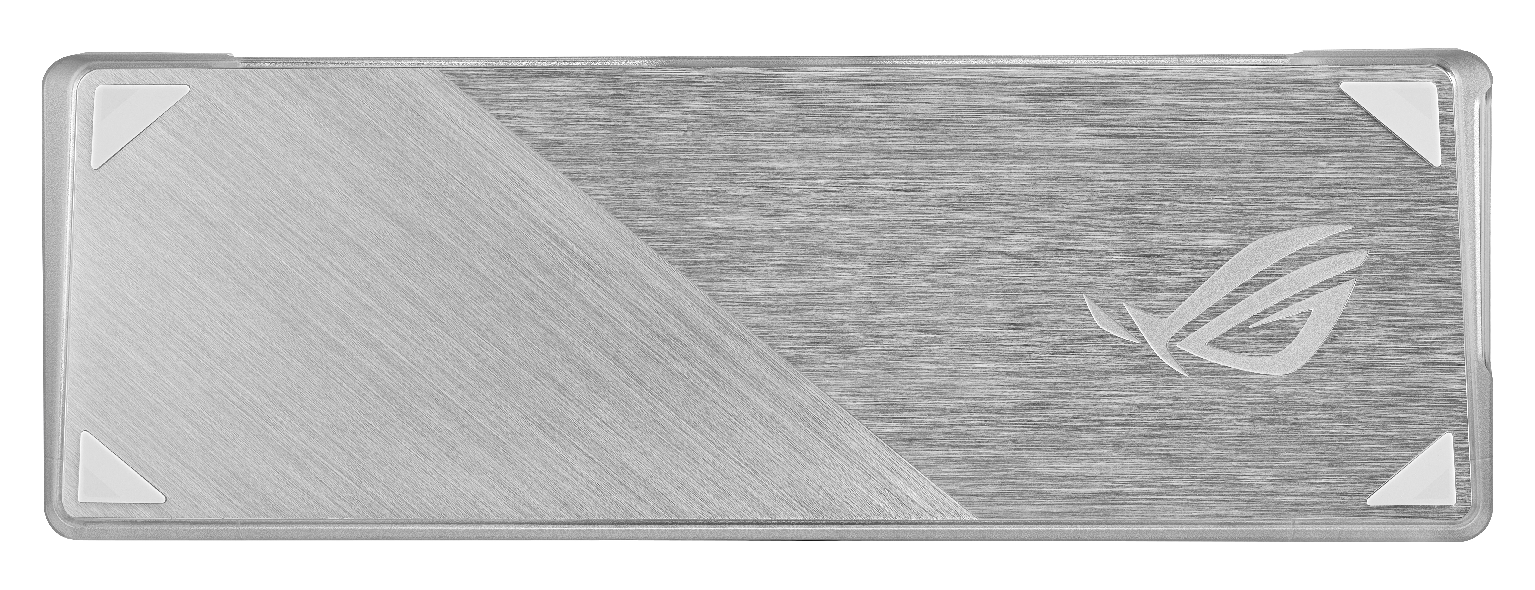 Srebrna prostokątna powierzchnia z logo i elementami designu na białym tle.