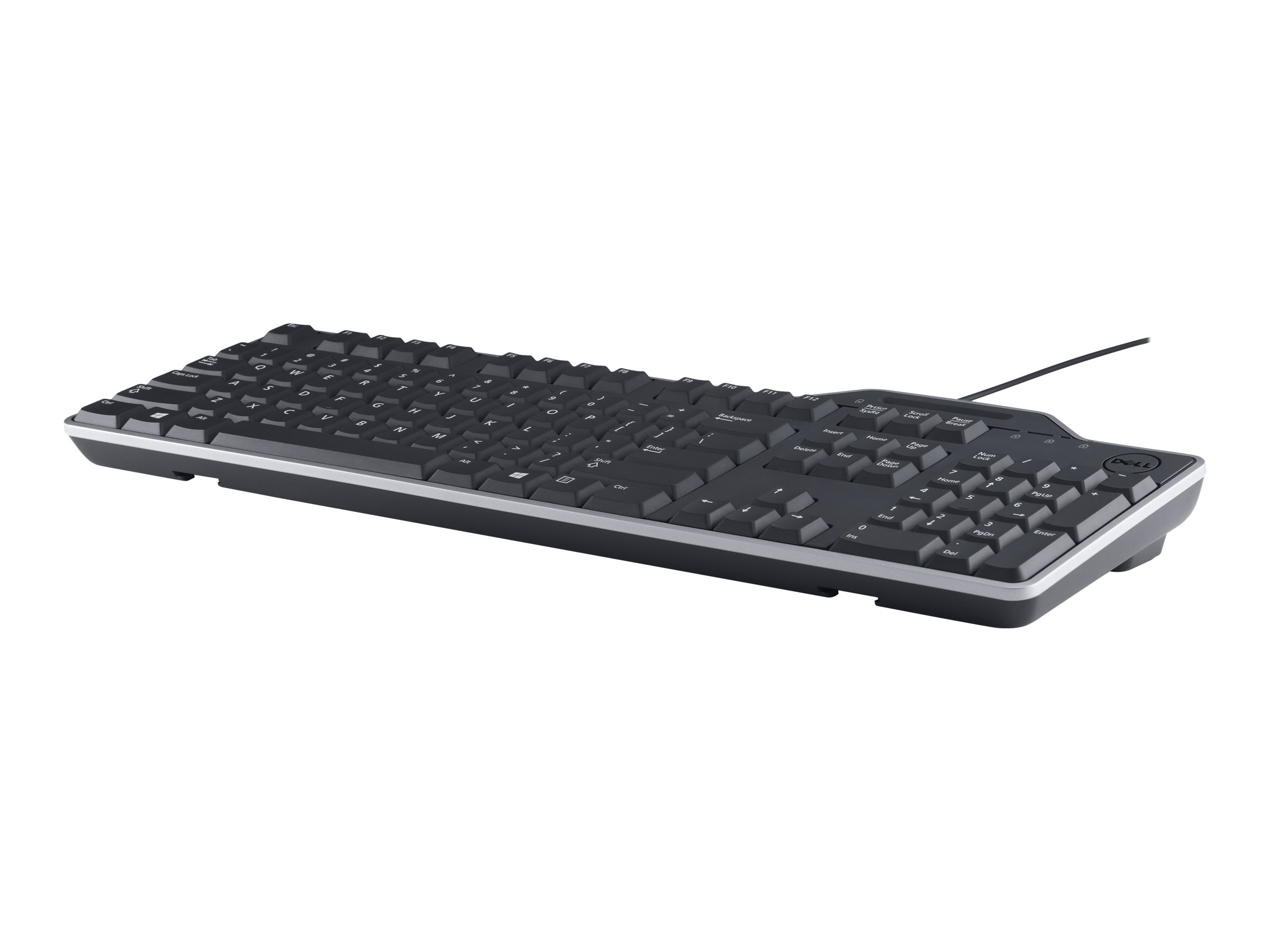 Black wired keyboard on a white background.