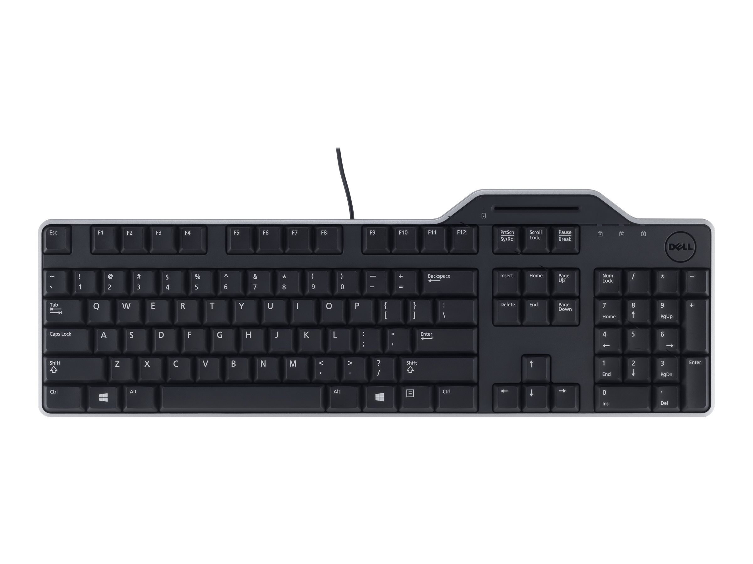 Black Dell keyboard with gray accents, isolated on white background.