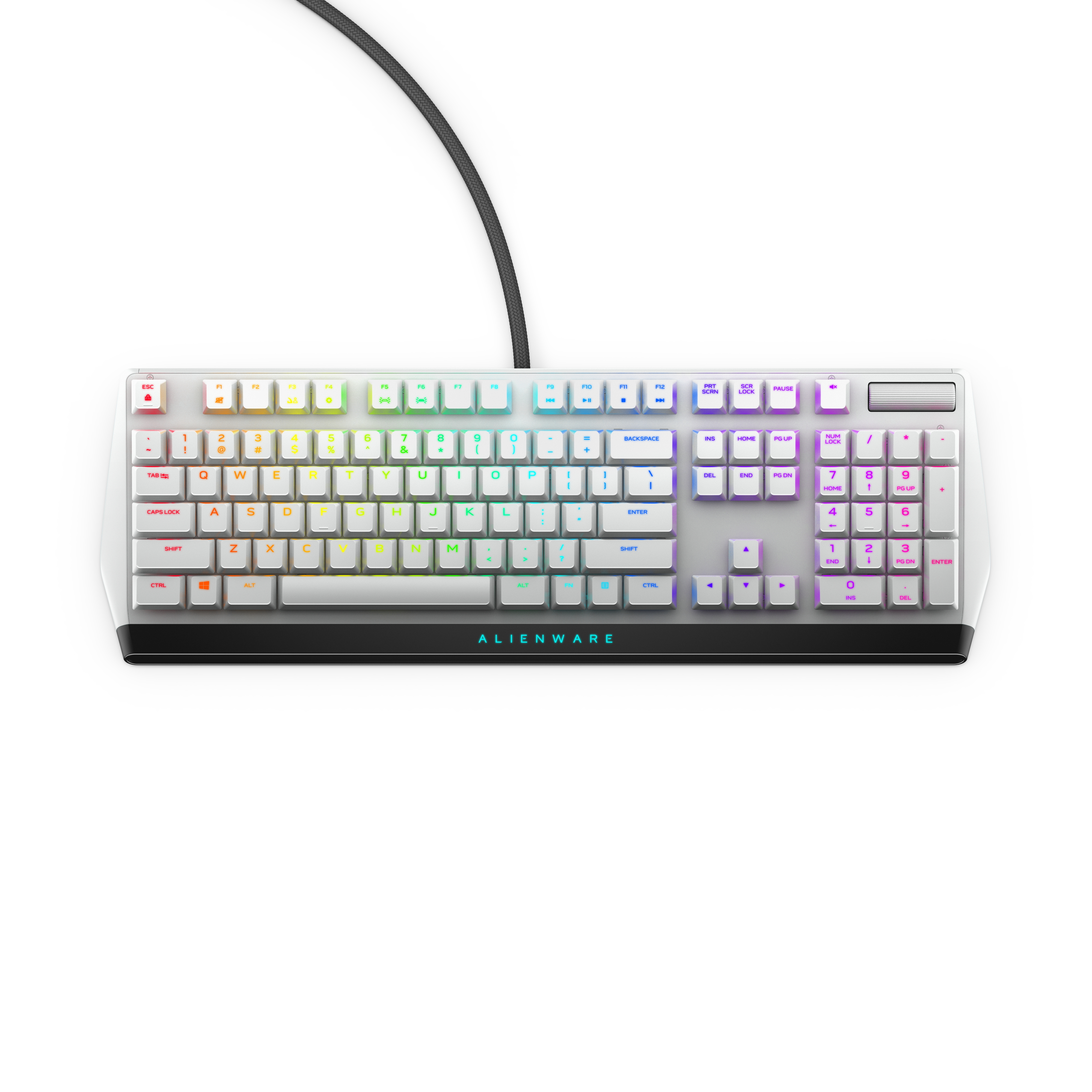 Weiße Alienware-Tastatur mit bunten Tasten.