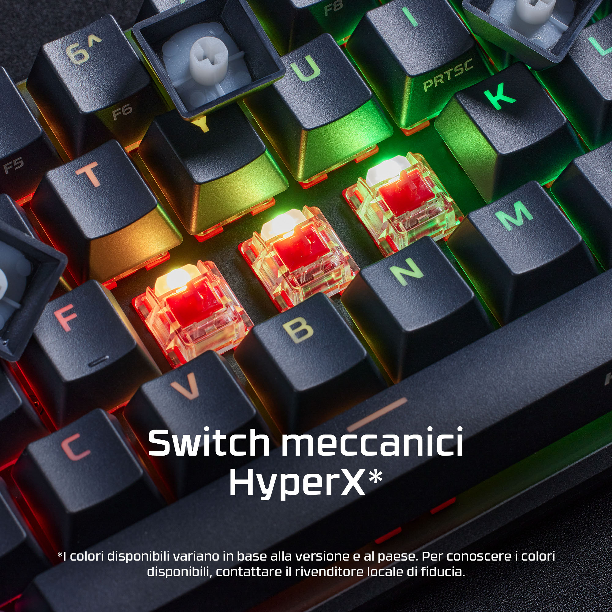 Nahaufnahme einer Tastatur mit roten, beleuchteten mechanischen Schaltern.