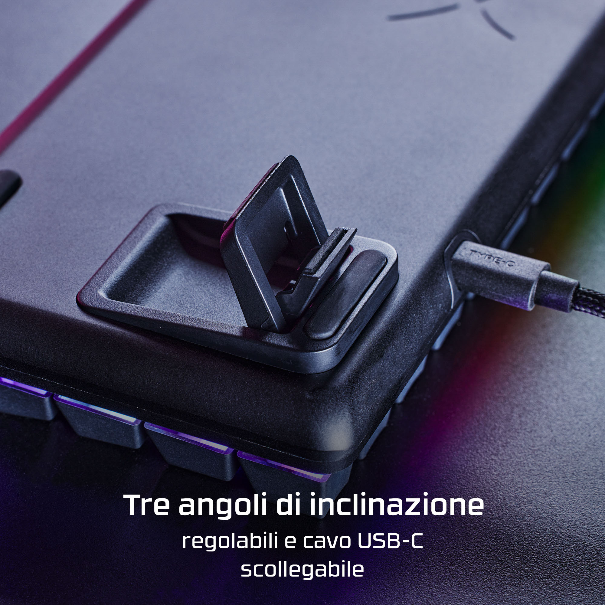 Tastatur mit Ständer. Einstellbare Neigungswinkel und abnehmbares USB-C-Kabel. Grau und Schwarz.
