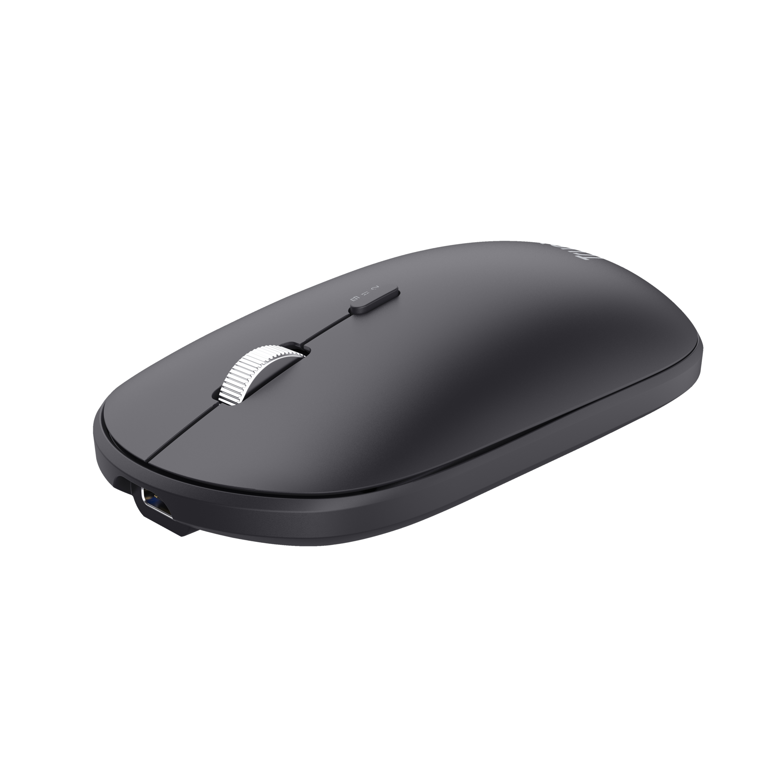 Mouse wireless nero su superficie bianca. Rotella argentata e porta di ricarica visibili.