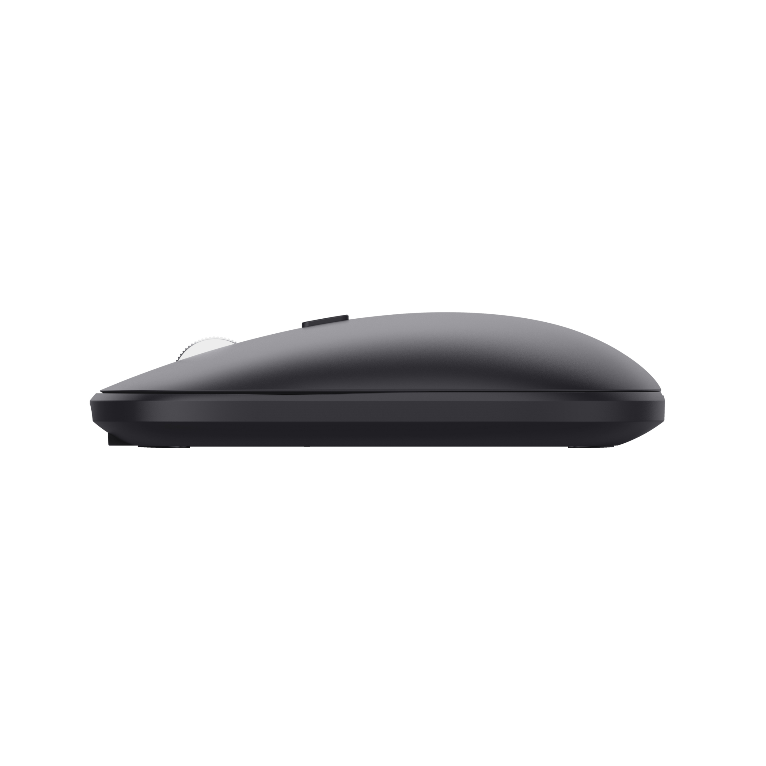 Un mouse nero su una superficie bianca, vista laterale.