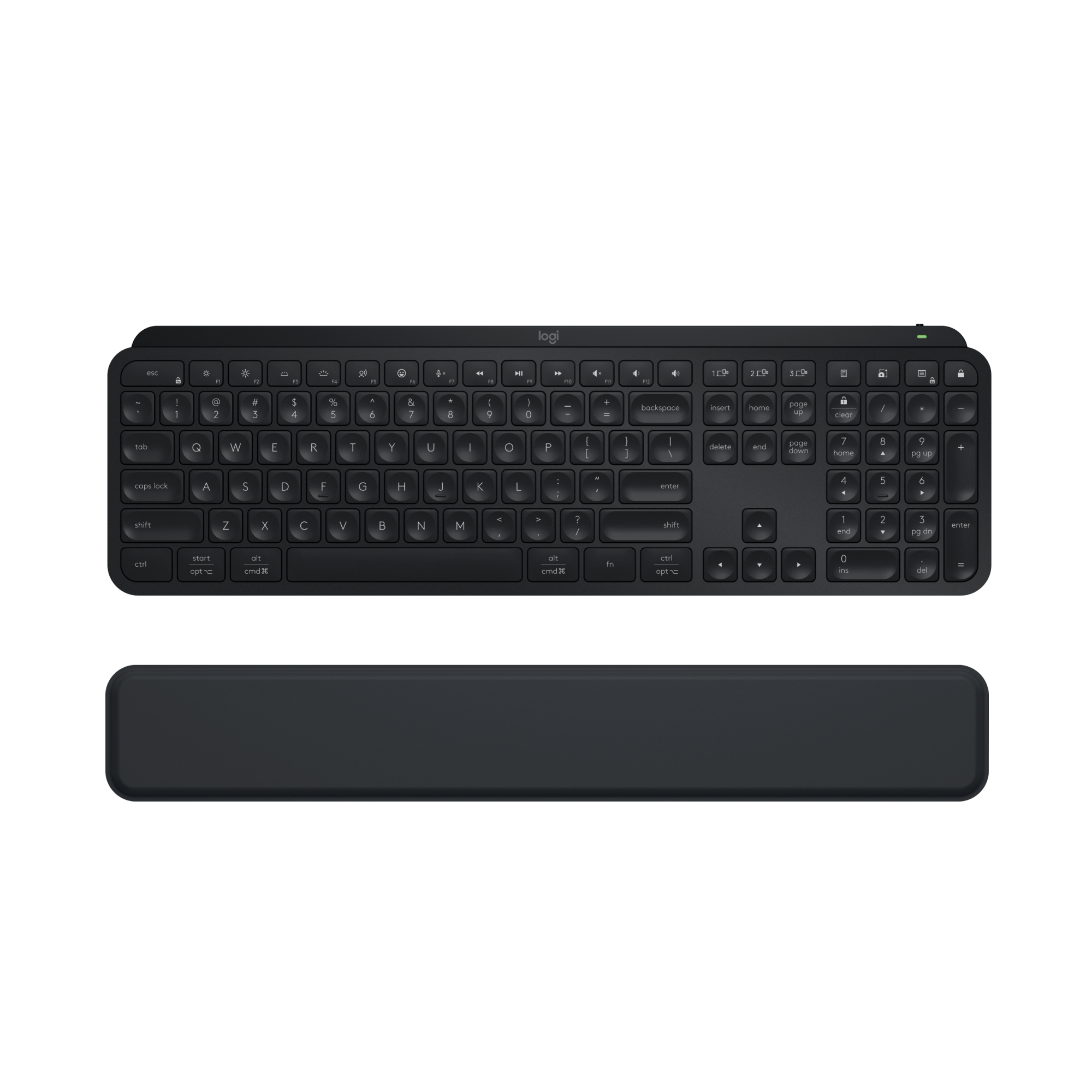 Tastiera nera con poggiapolsi. Layout standard. Marchio Logitech. Vista dall'alto.