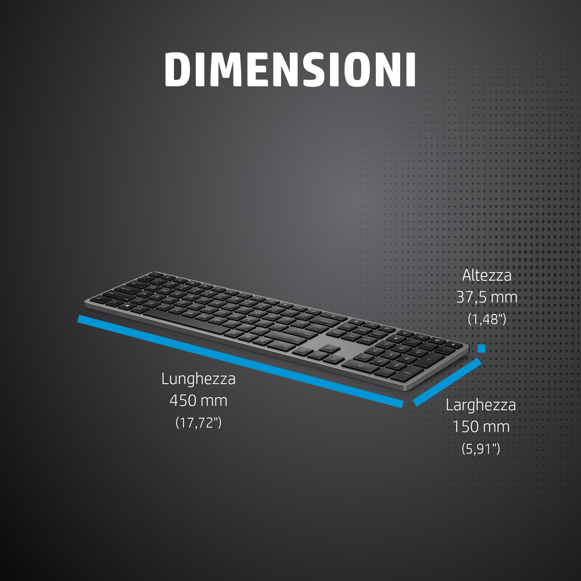 Tastiera con testo sulle dimensioni, misure in mm e pollici. Sfondo grigio.