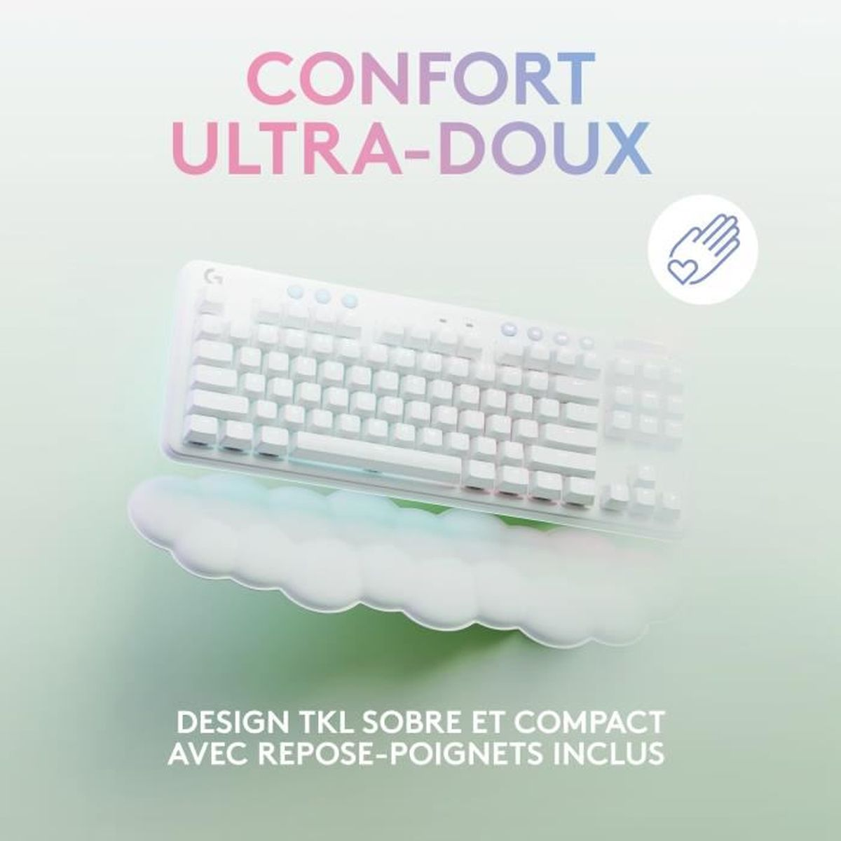 Biała klawiatura na chmurze. Tekst mówi 'KOMFORT ULTRA-MIĘKKI'. Kolory niebieski i różowy.