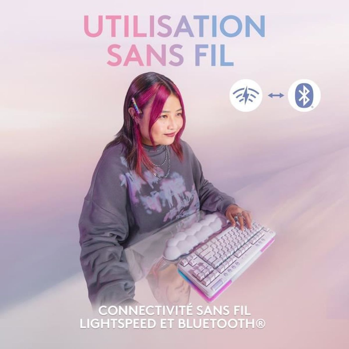 Kobieta z różowymi włosami, klawiatura. Ikony połączenia bezprzewodowego.