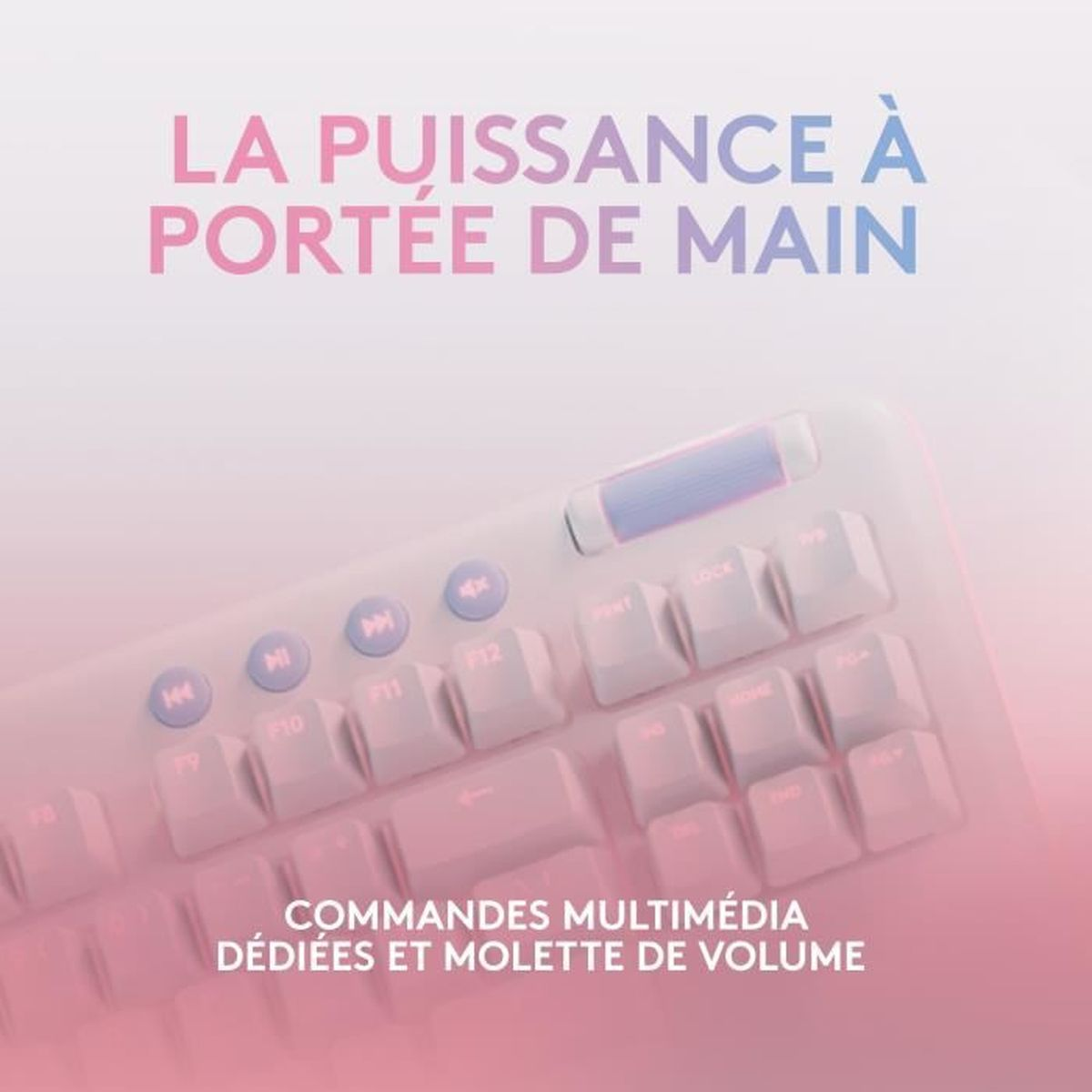 Zbliżenie białej klawiatury z przyciskami sterowania multimediami i pokrętłem głośności, z różowo-fioletowym tłem.