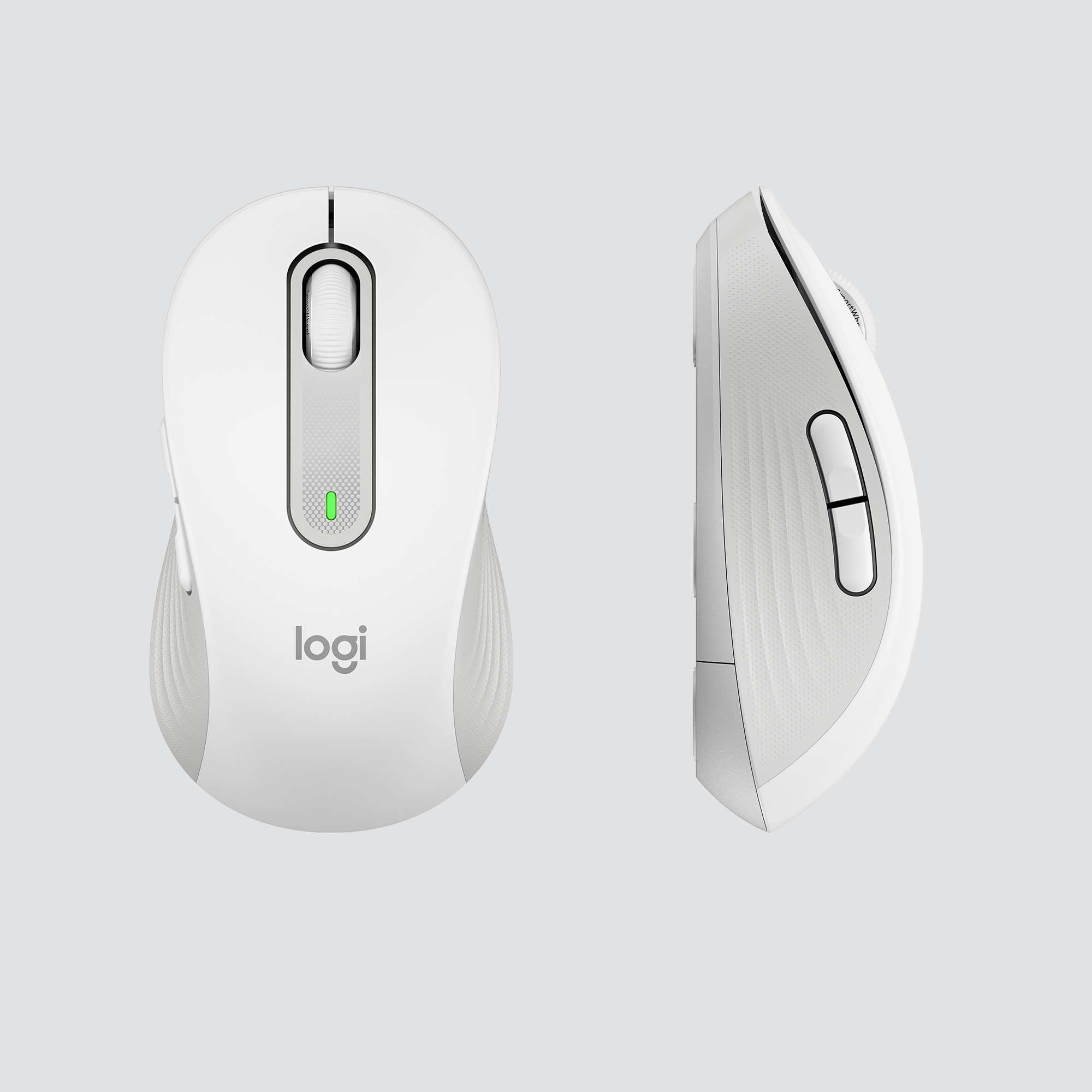 Mouse wireless bianco e grigio. Il mouse ha rotella di scorrimento e pulsanti laterali. Logo Logitech.