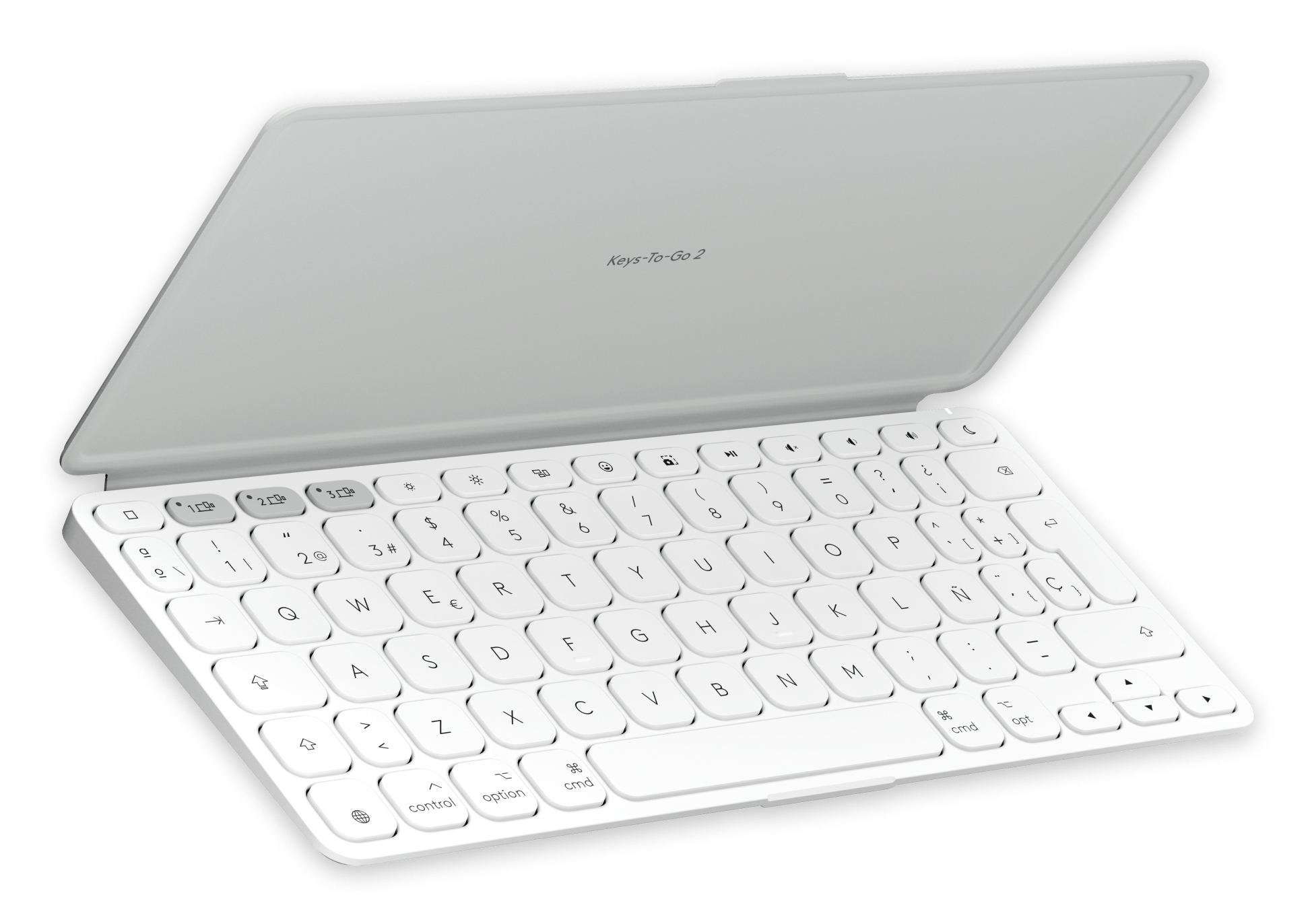 Tastiera bianca, aperta, su una superficie bianca. Ha un design in stile tablet.
