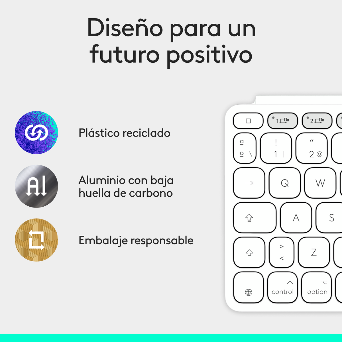 Una tastiera bianca con un design minimalista e testo sulla sostenibilità.