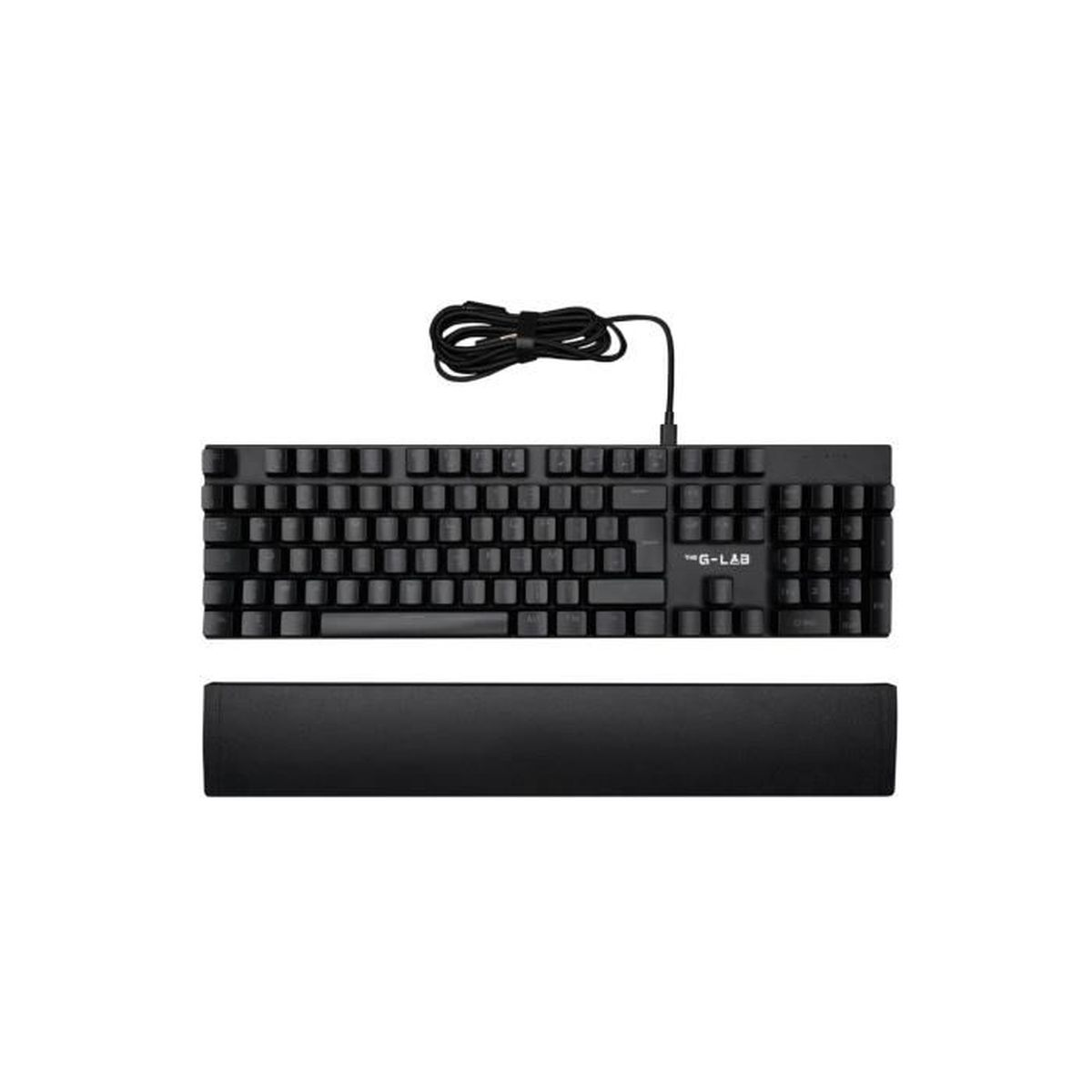 Teclado negro con reposamuñecas negro. El logotipo G-LAB está impreso en el teclado.