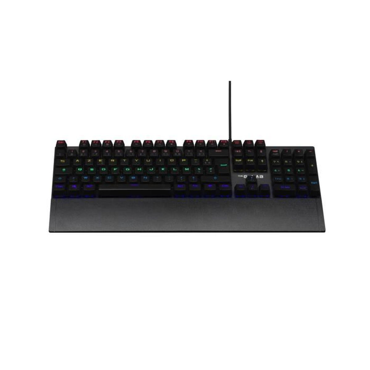 Teclado mecánico negro con teclas iluminadas. Un cable delgado está conectado al teclado.