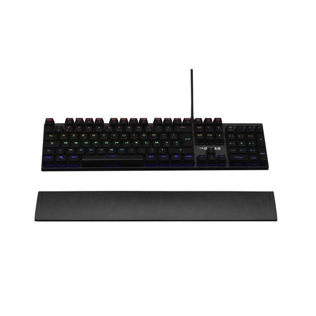 Teclado negro con teclas arcoíris y reposamuñecas. Sobre fondo blanco. Vista superior.