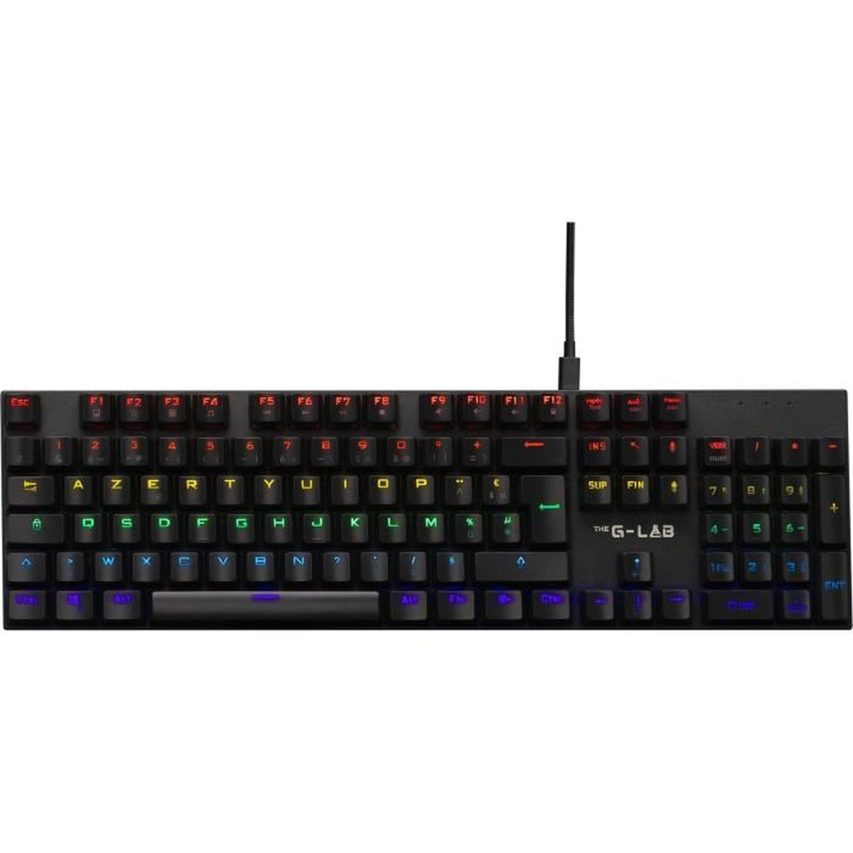 Teclado negro con teclas coloridas.