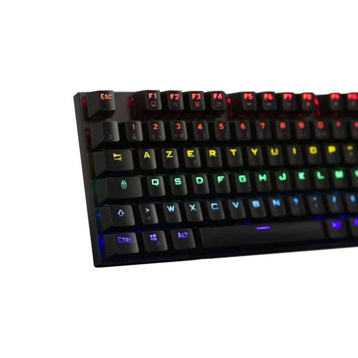 Teclado negro con teclas coloridas. Diseño AZERTY. Iluminación colorida en las teclas.