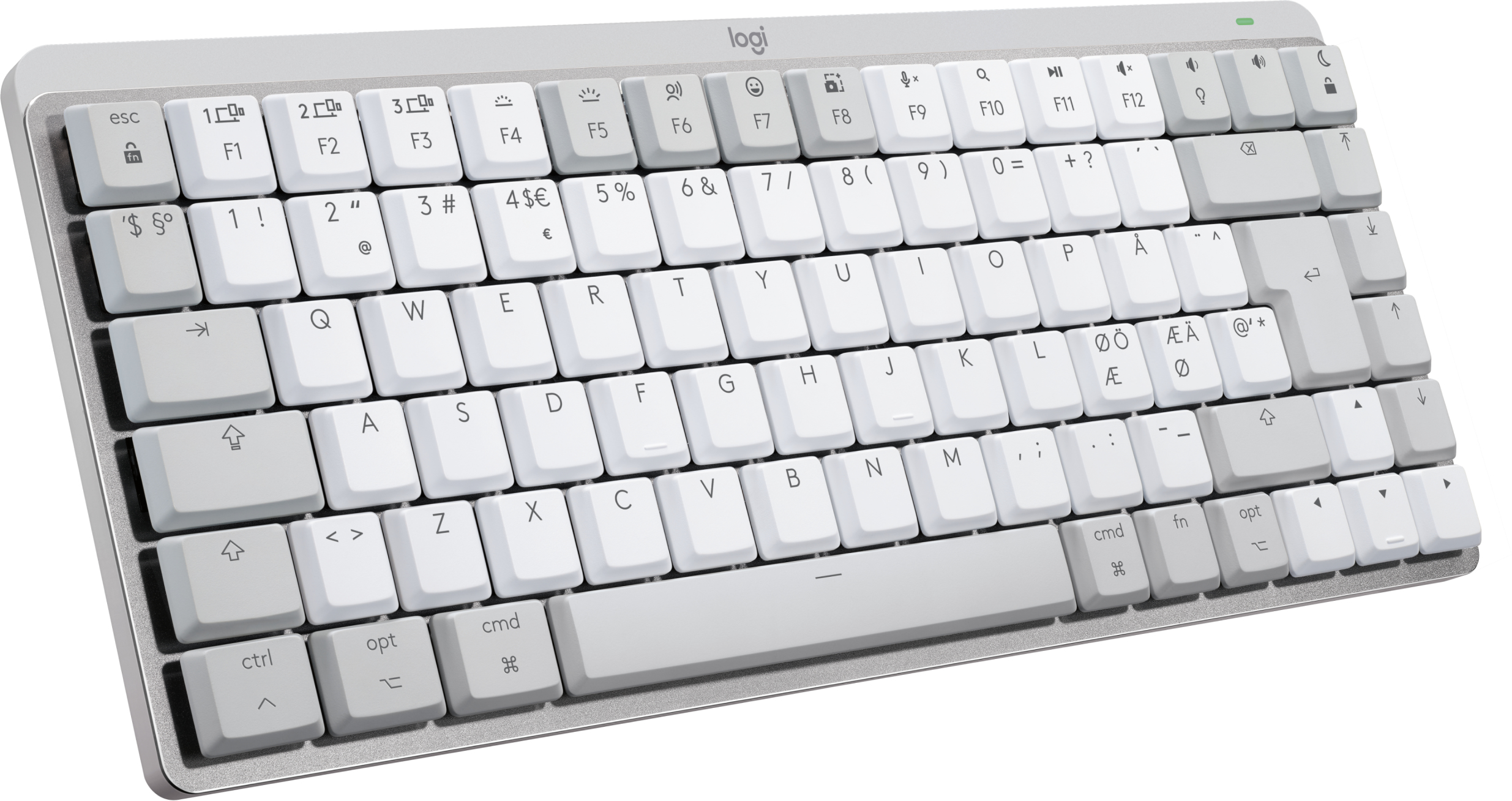 Teclado blanco con teclas gris claro. Las teclas tienen letras, números y símbolos blancos.