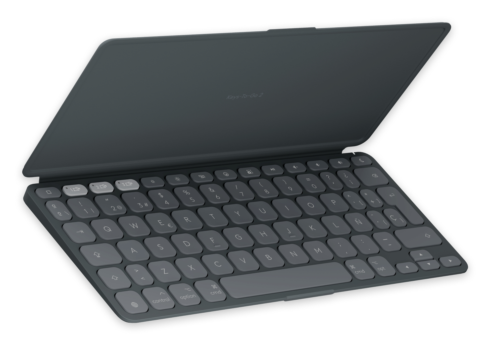Tastiera Logitech Keys-To-Go 2 grigio scuro con tasti. Aperto.