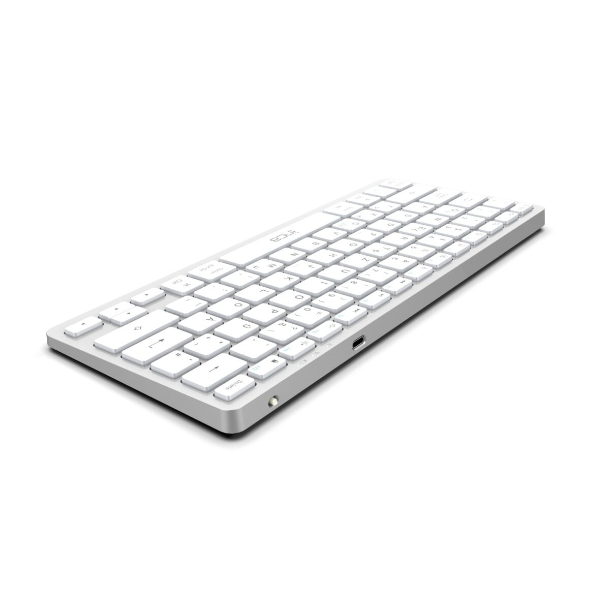Una tastiera wireless bianca dal design sottile su sfondo bianco. Ha una porta di ricarica.