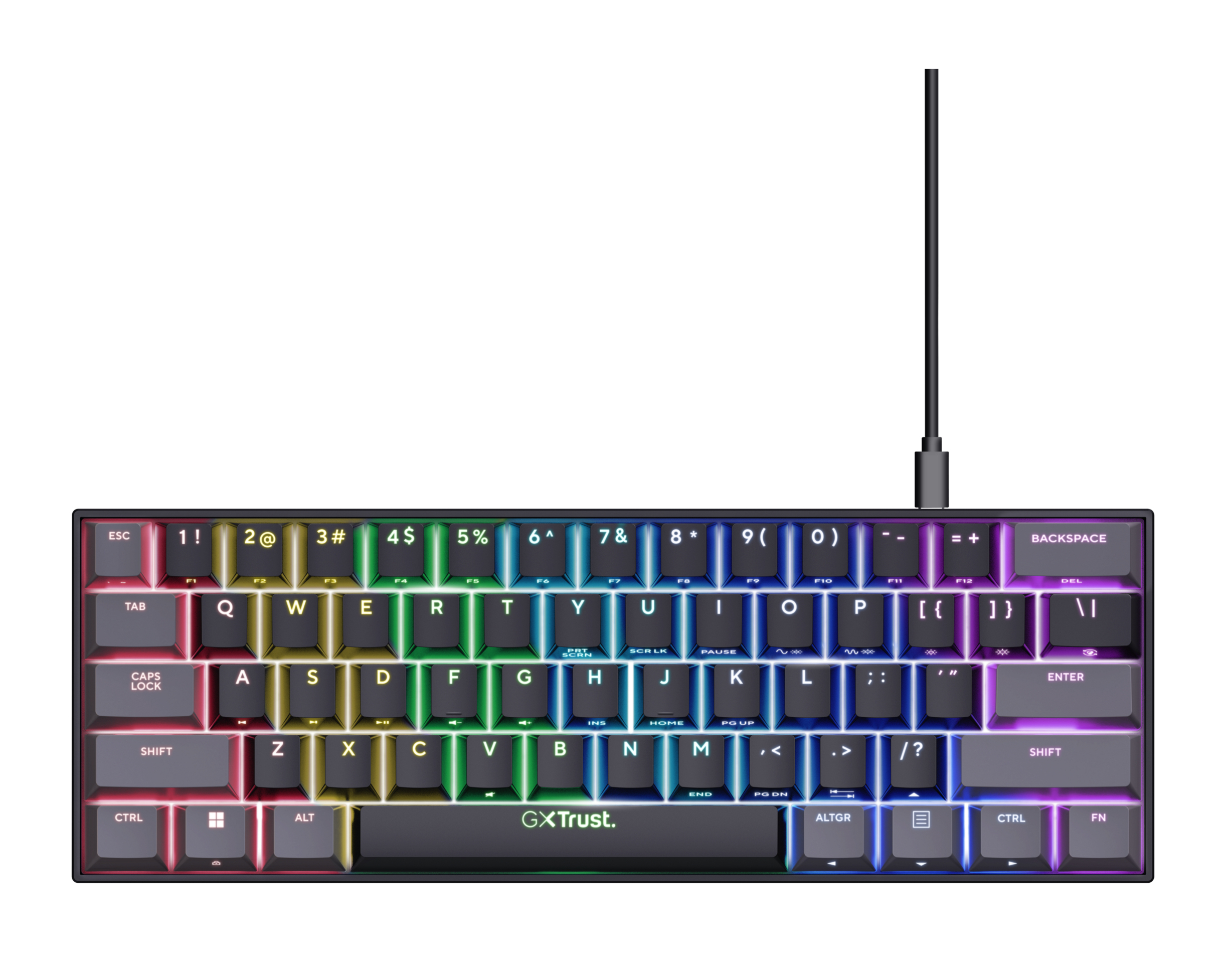 Een 60% RGB gaming toetsenbord met kleurrijk verlichte toetsen en een zwart frame.
