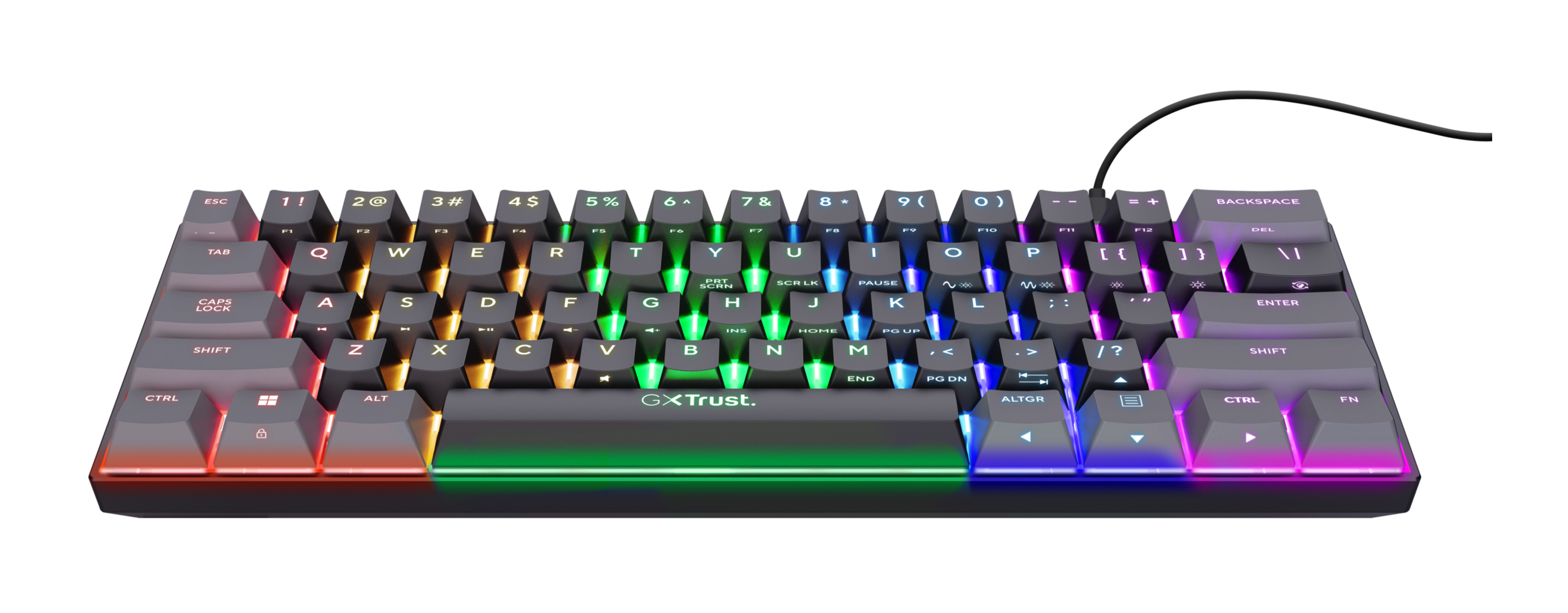 Een zwart gamingtoetsenbord met kleurrijke LED-verlichting.
