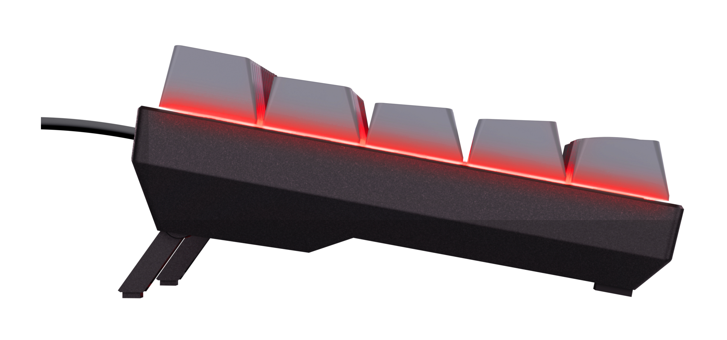 Zijaanzicht van een zwart toetsenbord met rood verlichte toetsen en verstelbare poten.