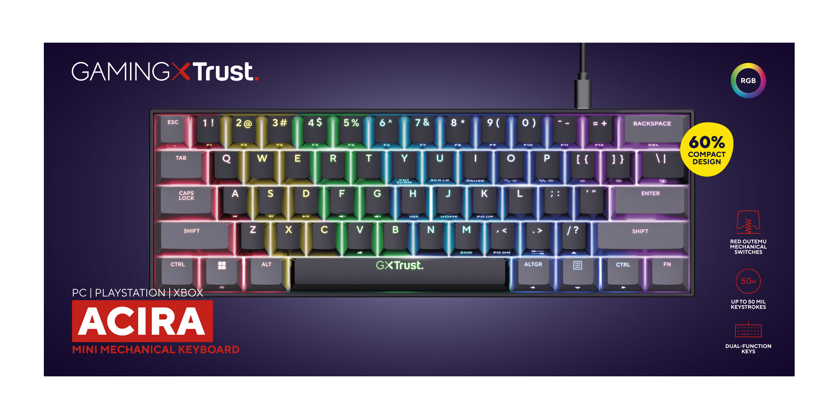 Kompakte mechanische Tastatur mit bunten Lichtern. Die Tastatur ist schwarz mit weißer Schrift. Marke 'Trust'.